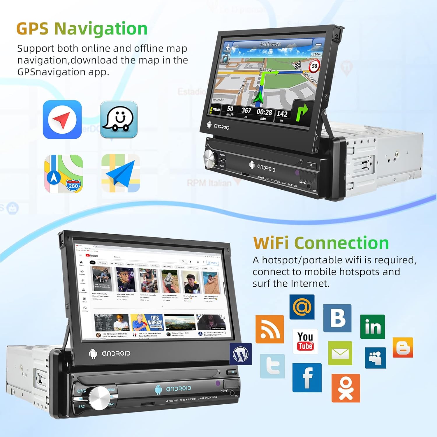 Screenshots showing GPS navigation interface and Wi-Fi connection options on the car stereo