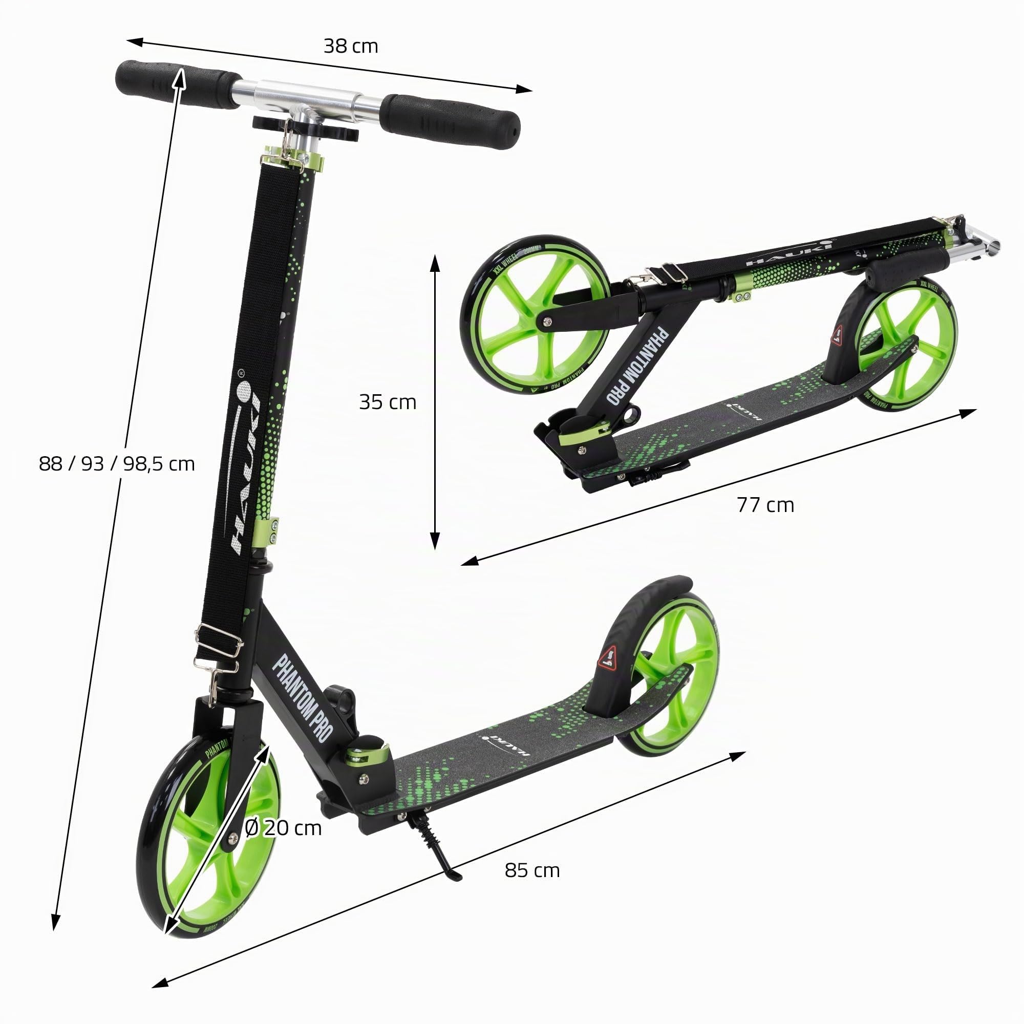 Hauki Monopattino da Città Verde o Rosa, Pieghevole e Regolabile in Altezza, con Ruote XXL e Freno al Pedale, Scooter Urbano per Bambini e Adulti con Cavalletto e Tracolla, Patinete a Spinta
