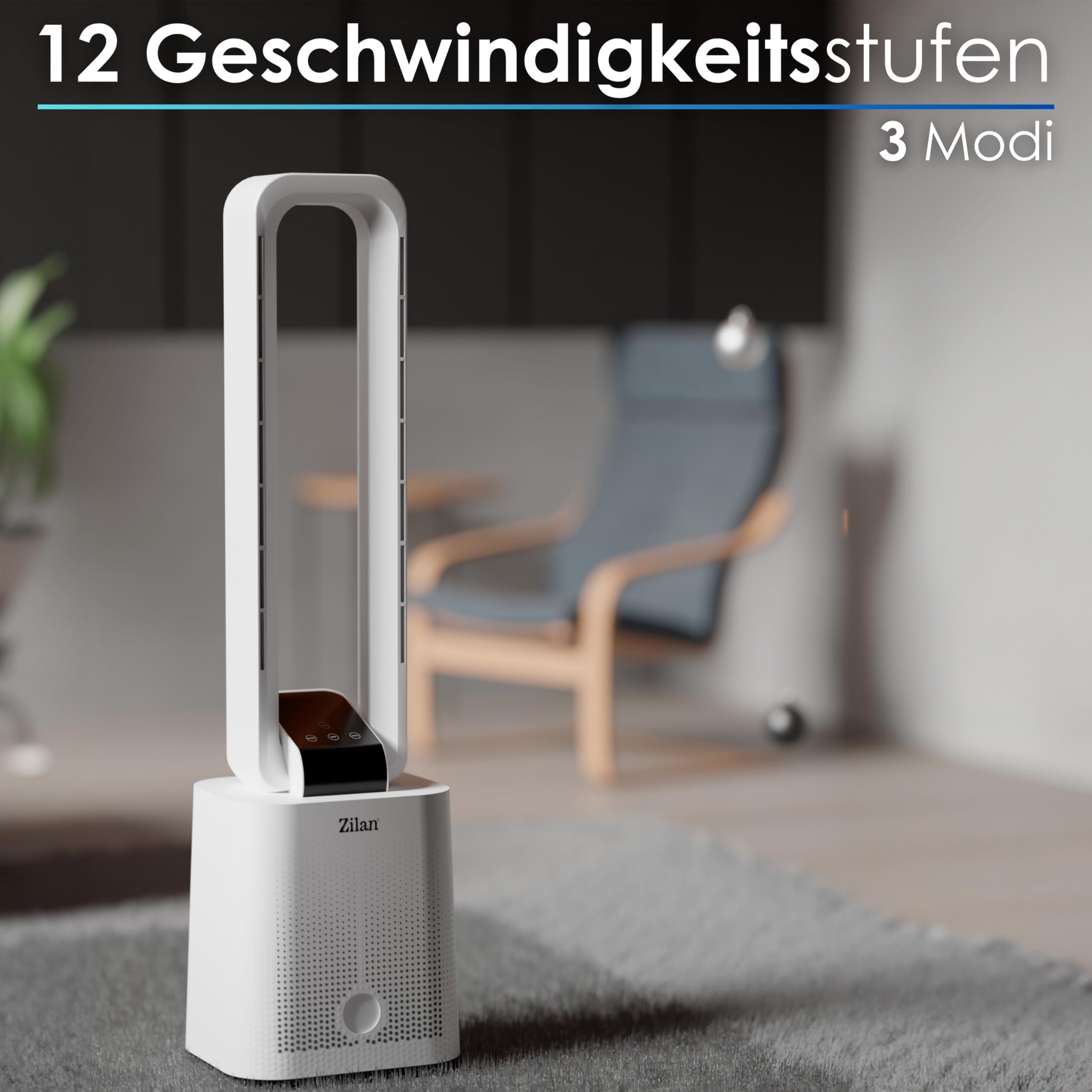 Zilan Turmventilator Blattlos Leise Standventilator mit Fernbedienung 12 Stufen 3 Modi BLDC Motor 45° Oszillation Timer 15h LED Display Säulenventilator Tower Fan Energiesparend Wanda White