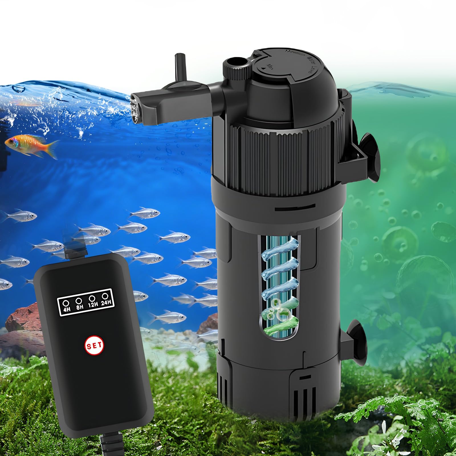 Filtro interno para peceras, filtro de acuario con esterilizador UV que convierte el agua verde en transparente para acuario de 15 a 80 L, filtros ajustables 5 en 1 para peceras con caudal