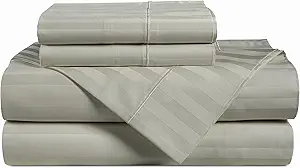 Casa Platino 100% Egyptian Cotton Sheets Twin XL Size Set - 4 Pieces - Damask Stripe- Ultra Smooth Sateen Weave Bed Sheets Set with 15" Deep Pockets - Silver