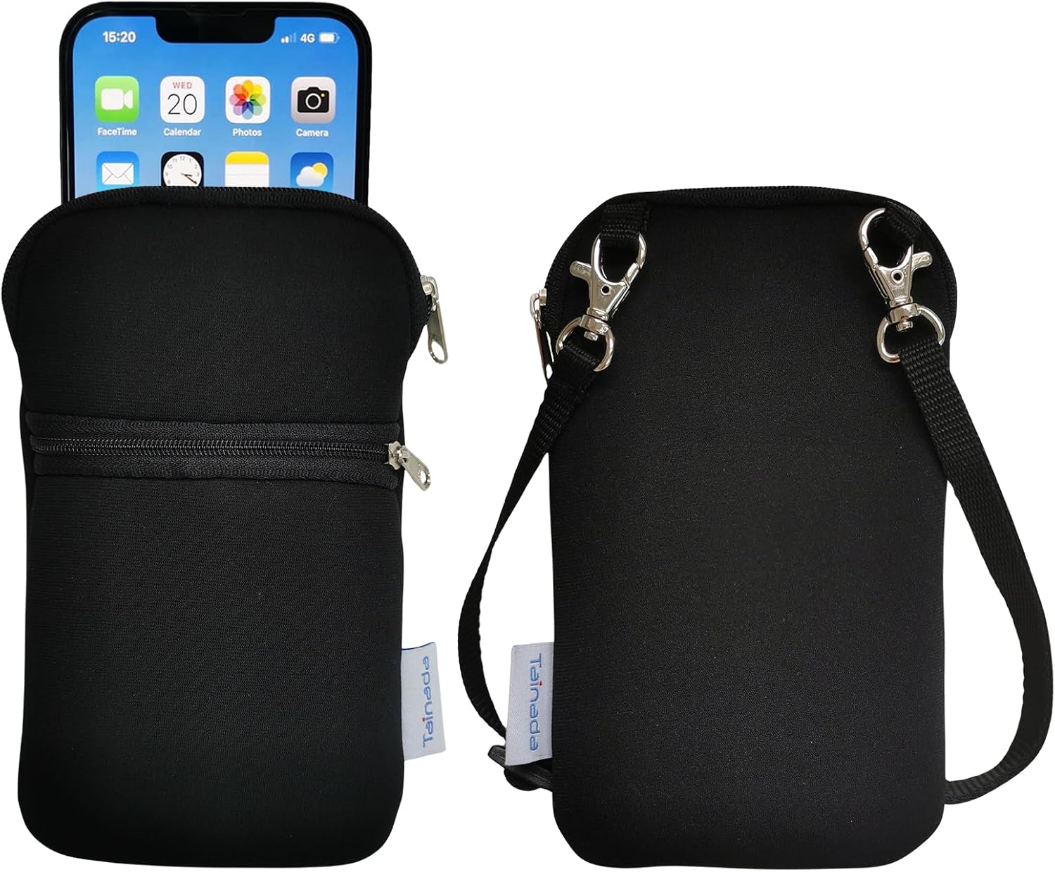 Tainada Neoprene Universal Cell Phone Double Zipper Sleeve Pouch Case Carrier Bag for Men Women w/Crossbody Strap/Neck Lanyard | Shock-Absorbing | Lightweight | (Black)