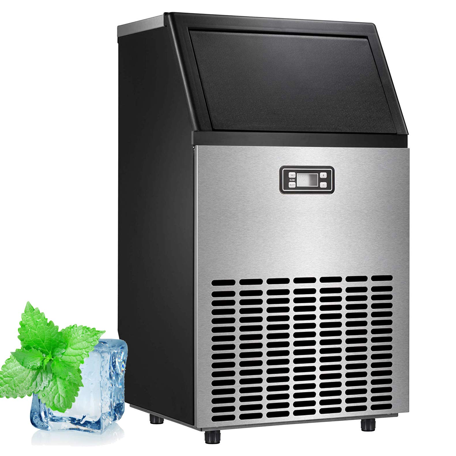 Antarctic Star Commercial Ice Makers Machine Stainless Steel Makers 100 Lbs of Ice Per 24H with 33 Pounds Storage Capacity Ice Cubes Freestanding Party/Bar/Restaurant Scoop Connection Hose Silver