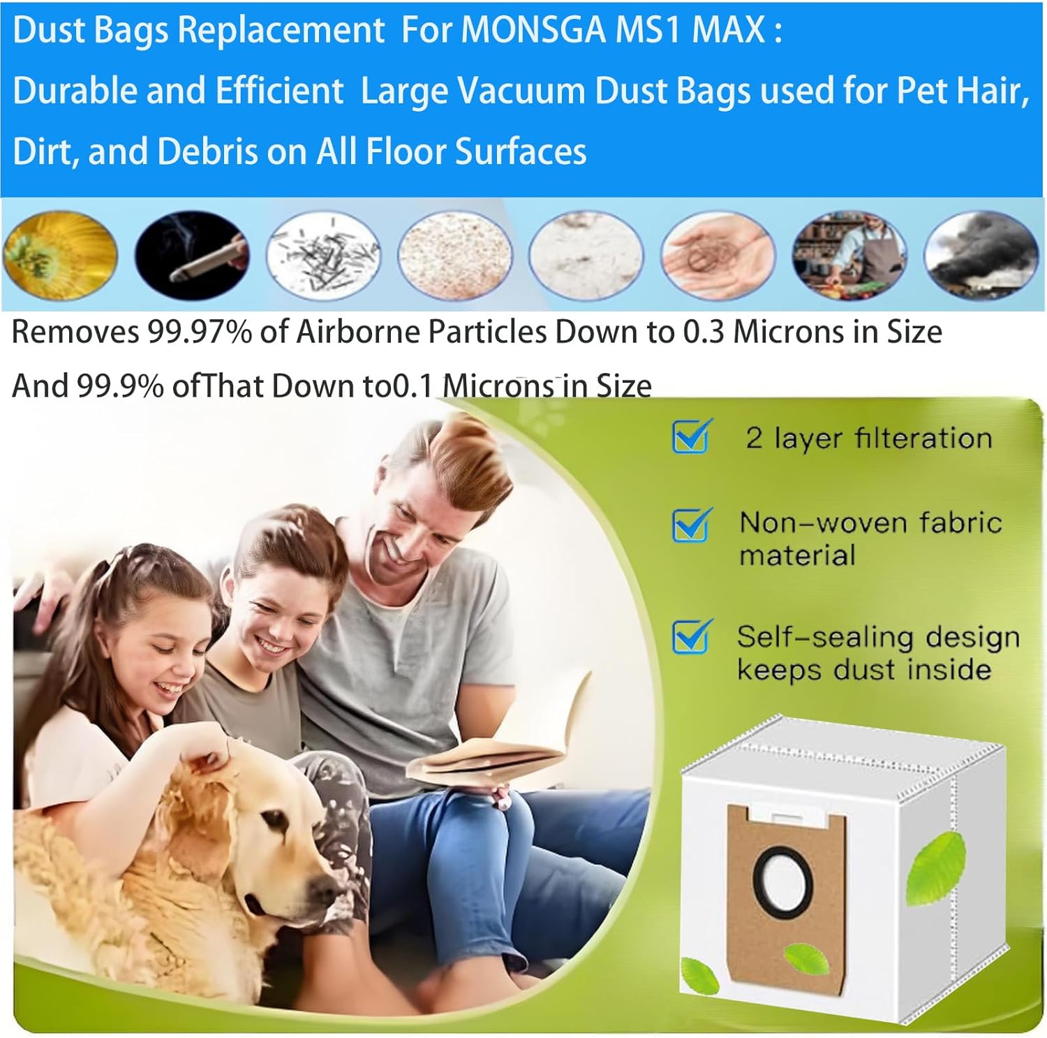 Dust Bags Replacement For MONSGA MS1 MAX : 10 Pack Durable and Efficient Large Vacuum Dust Bags used for Pet Hair, Dirt, and Debris on All Floor Surfaces