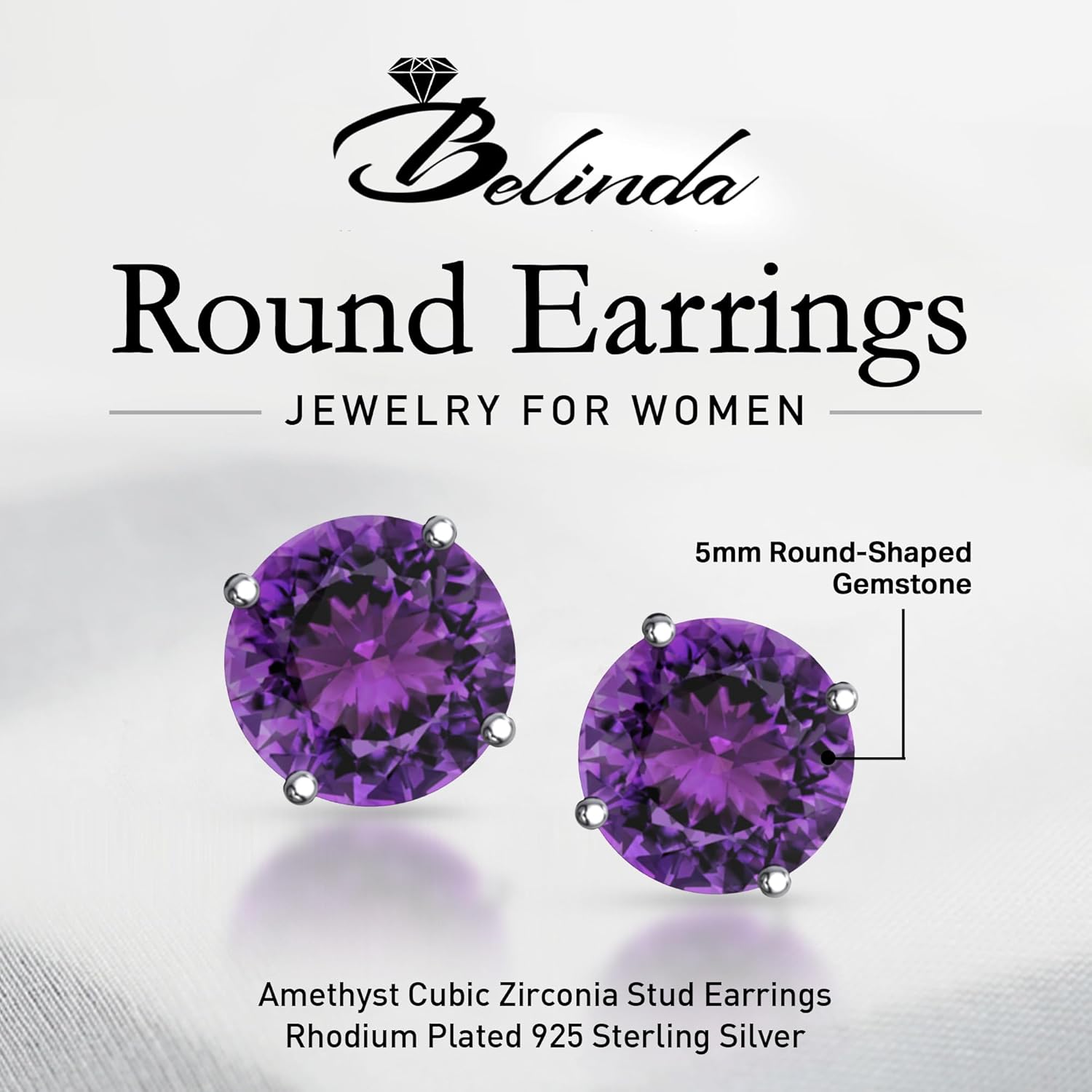 Round Stud Earrings, Cubic Zirconia 5mm Gemstone Earrings for Women, 925 Sterling Silver Earrings with Solitaire Prongs, 0.12” - Image 2