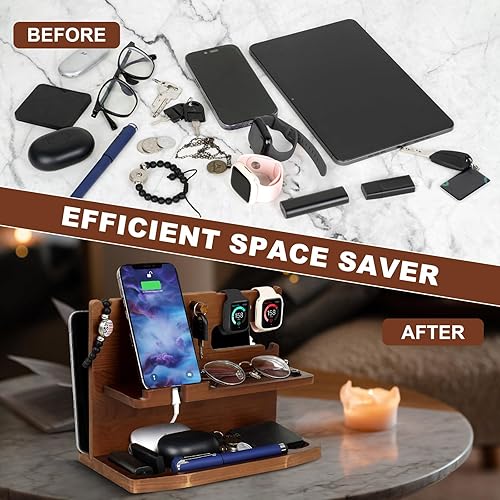 Miniatura 4 de Organizador de escritorio o mesita de noche para hombres, estación de acoplamiento de madera para teléfono, regalos de cumpleaños para marido, día
