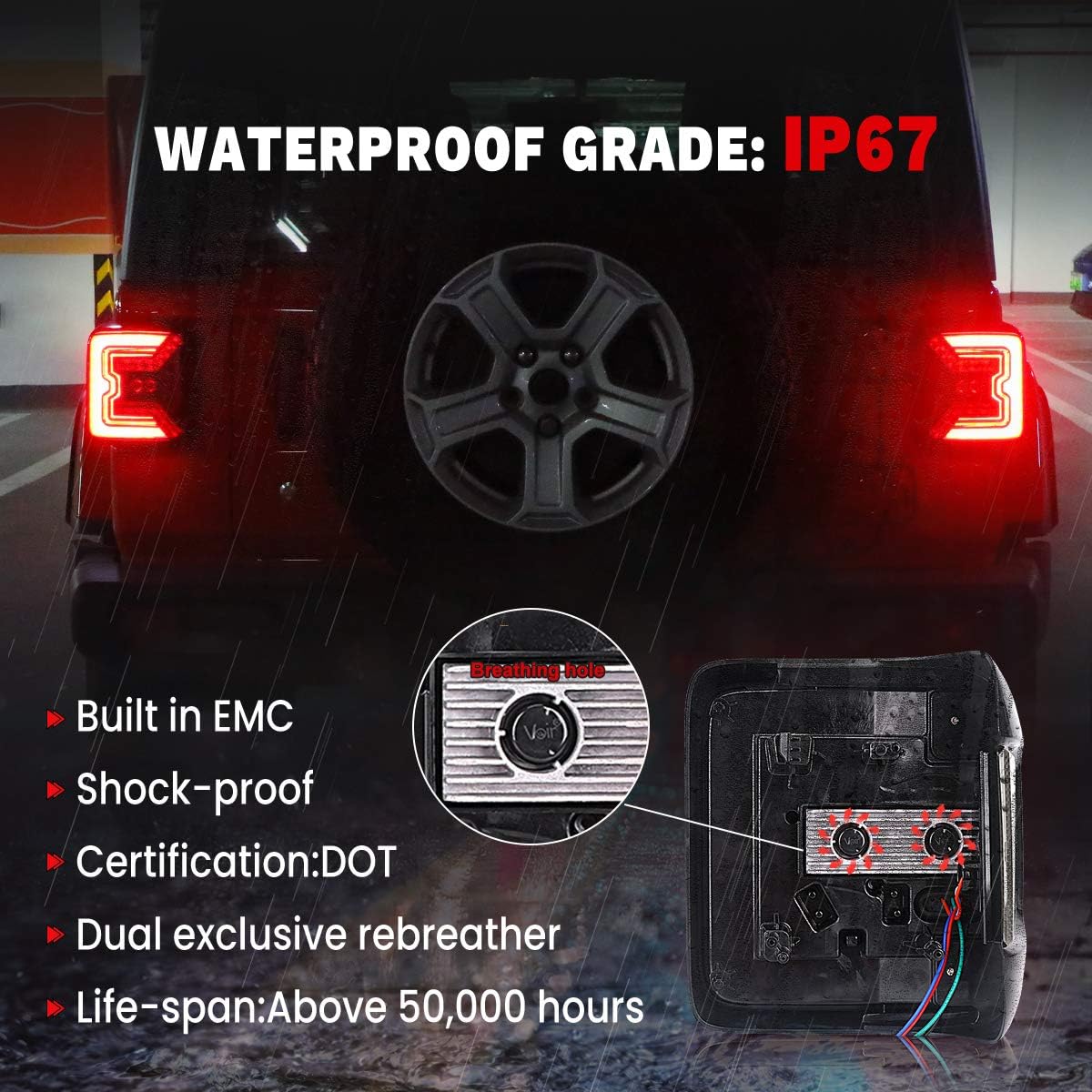 AUDEXEN LED Tail Lights for Jeep Wrangler JL JLU 2018–2024, C-Shaped Rear Brake Lamps with 20W Reverse Light, DOT Compliant, Plug & Play, Black Lens
