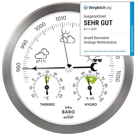 airself Estación meteorológica analógica para Interiores y Exteriores - con barómetro, termómetro, higrómetro - Acero Inoxidable