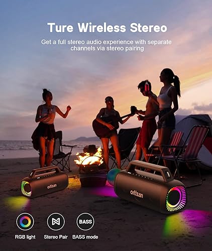 Miniatura 6 de Ortizan Altavoz Bluetooth portátil, pico de 80 W, graves arriba, tiempo de reproducción de 20 horas, IPX7 impermeable, luces RGB, emparejamiento