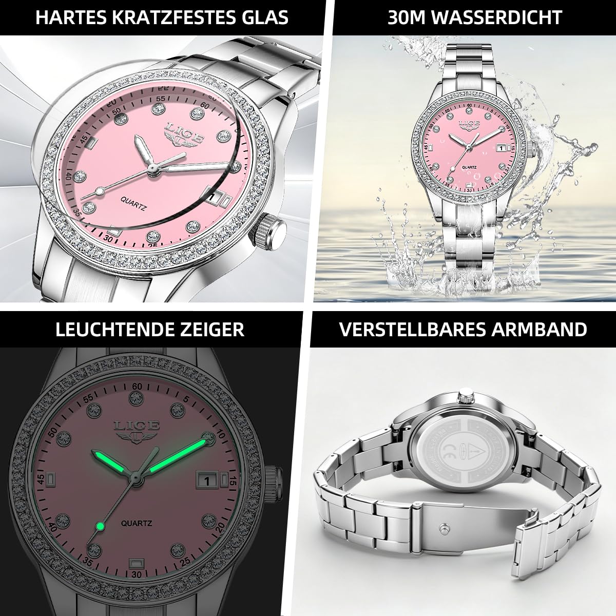 LIGE Damen Armbanduhr Quarz Analog Kristall Lünette 34mm Zifferblatt | mit Silber Metallarmband Leuchtzeiger Datumsanzeige 30M Wasserdicht Kratzfest Glas Luxus Mode Uhr Geschenk für Frauen