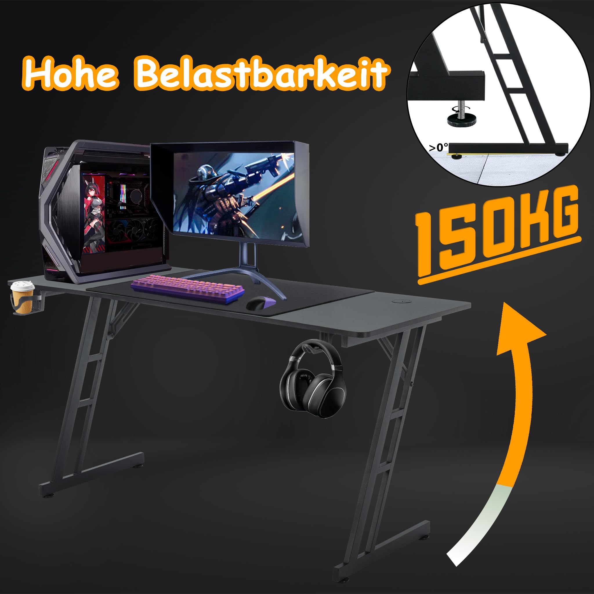 FIVMEN Schreibtisch Gaming Tisch 140x60cm Höhenverstellbar Gamingtisch mit Kabelloch & Kopfhörerständer & Tassenhalter, Kohlefaserplatte Ergonomischer PC Computertisch