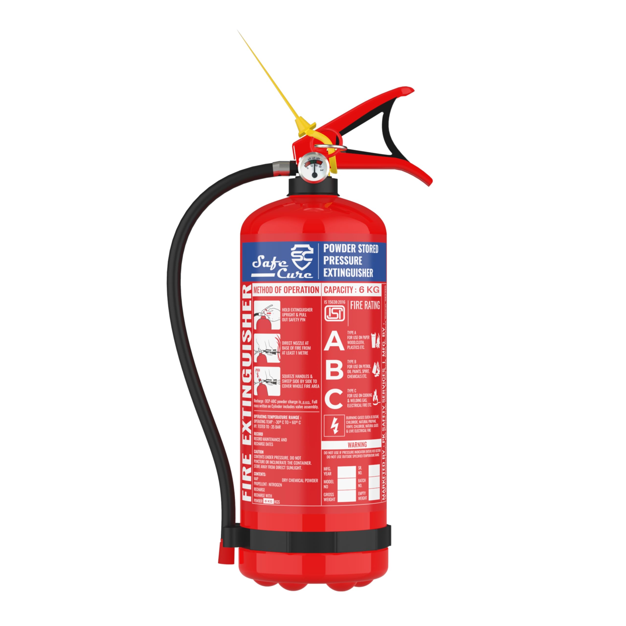SAFE CURE ABC Type Fire Extinguisher – Multipurpose Fire Safety for Home, Office, and Vehicles | Effective Against Class A, B & C Fires | Compact & Durable Design (6, Kilograms)-picture-14