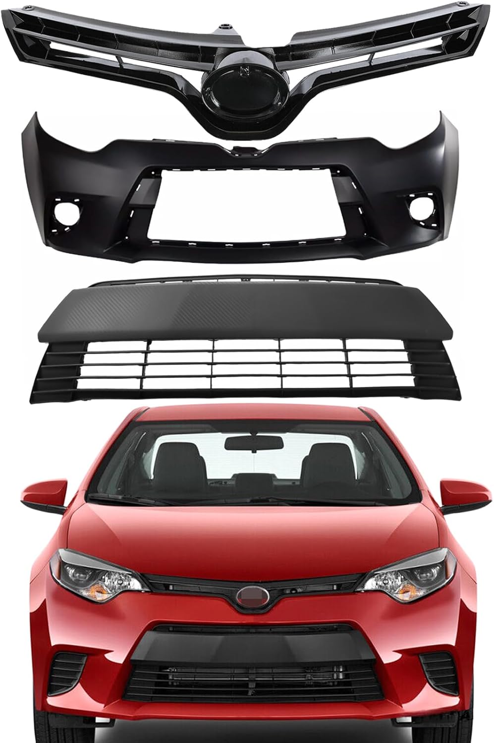 Front Upper & Lower Grille + Front Bumper Cover Kit Fit For 2014 2015 2016 Toyota Corolla LE CE Sedan Front Bumper Body Grille Grill Replacement
