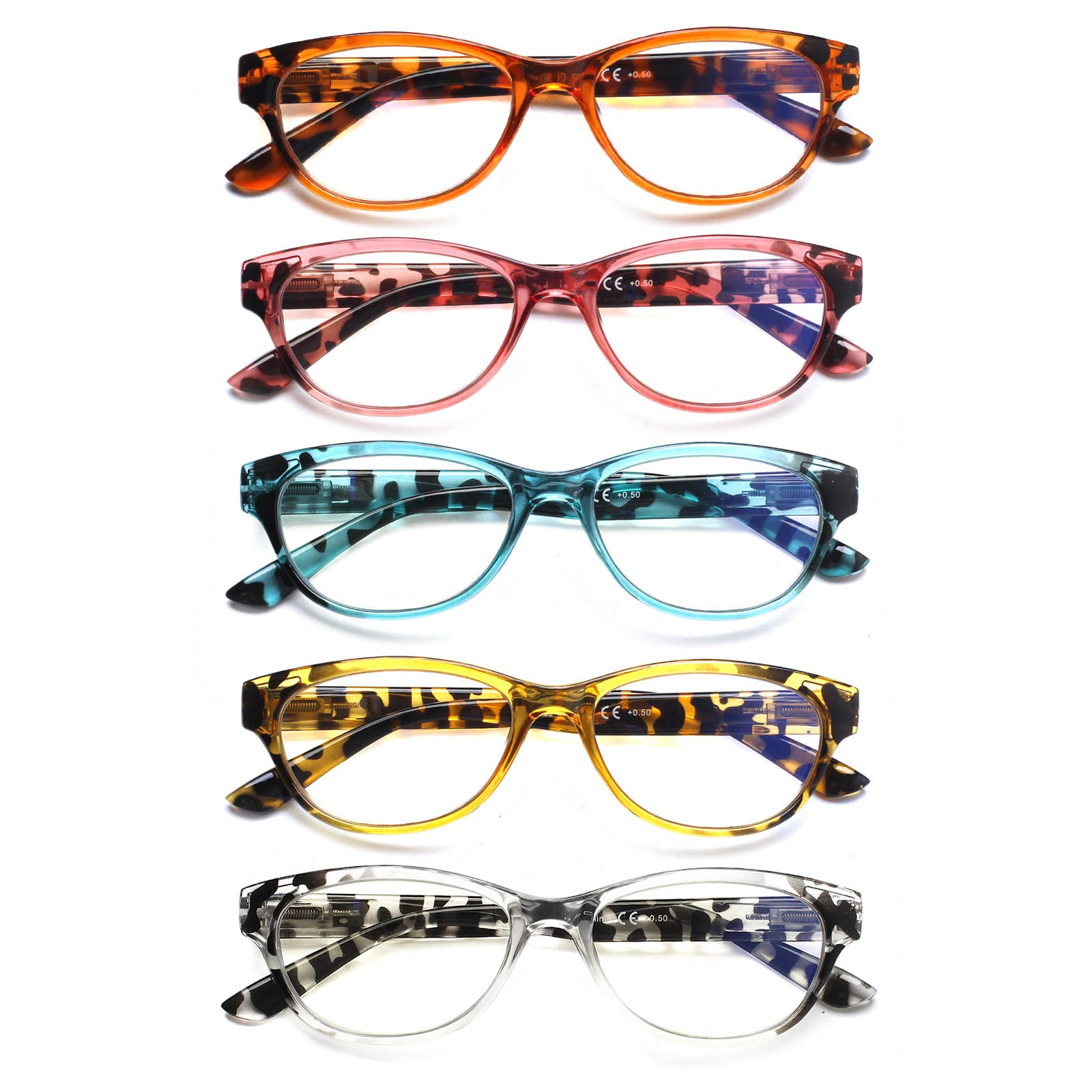 SIGVAN Ladies Cat Eye Reading Glasses 5 Pairs Blue Light Blocking Spring Hinge Fashion Pattern Print Readers for Women
