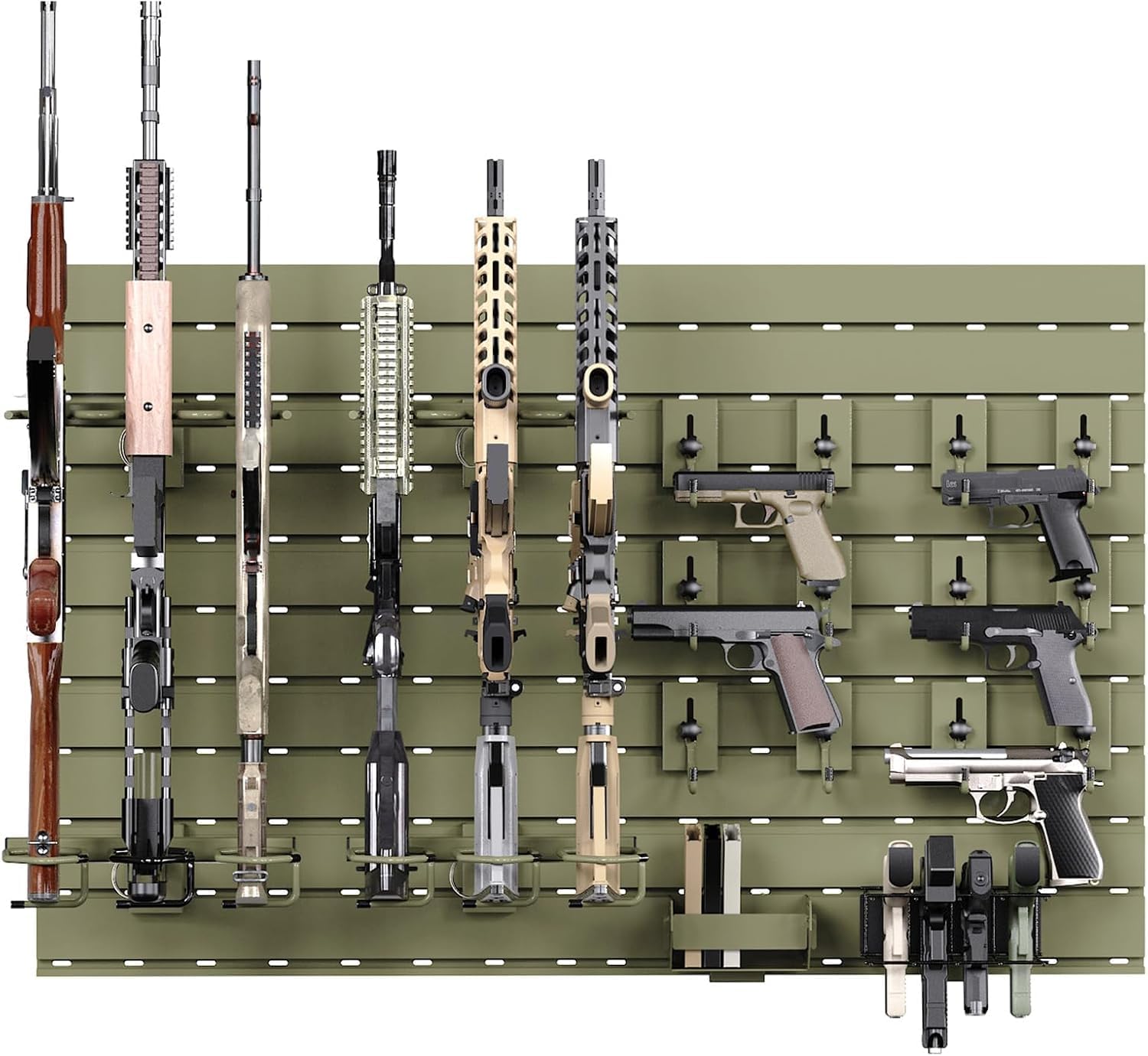 Wall Rack System - Heavy-Duty Aluminium Tactical Storage for Rifles, Carbines, Shotguns & Handguns, Modular Slatwall Organizer Holds up to 6 Rifles, 10 Pistols & 4 Mags