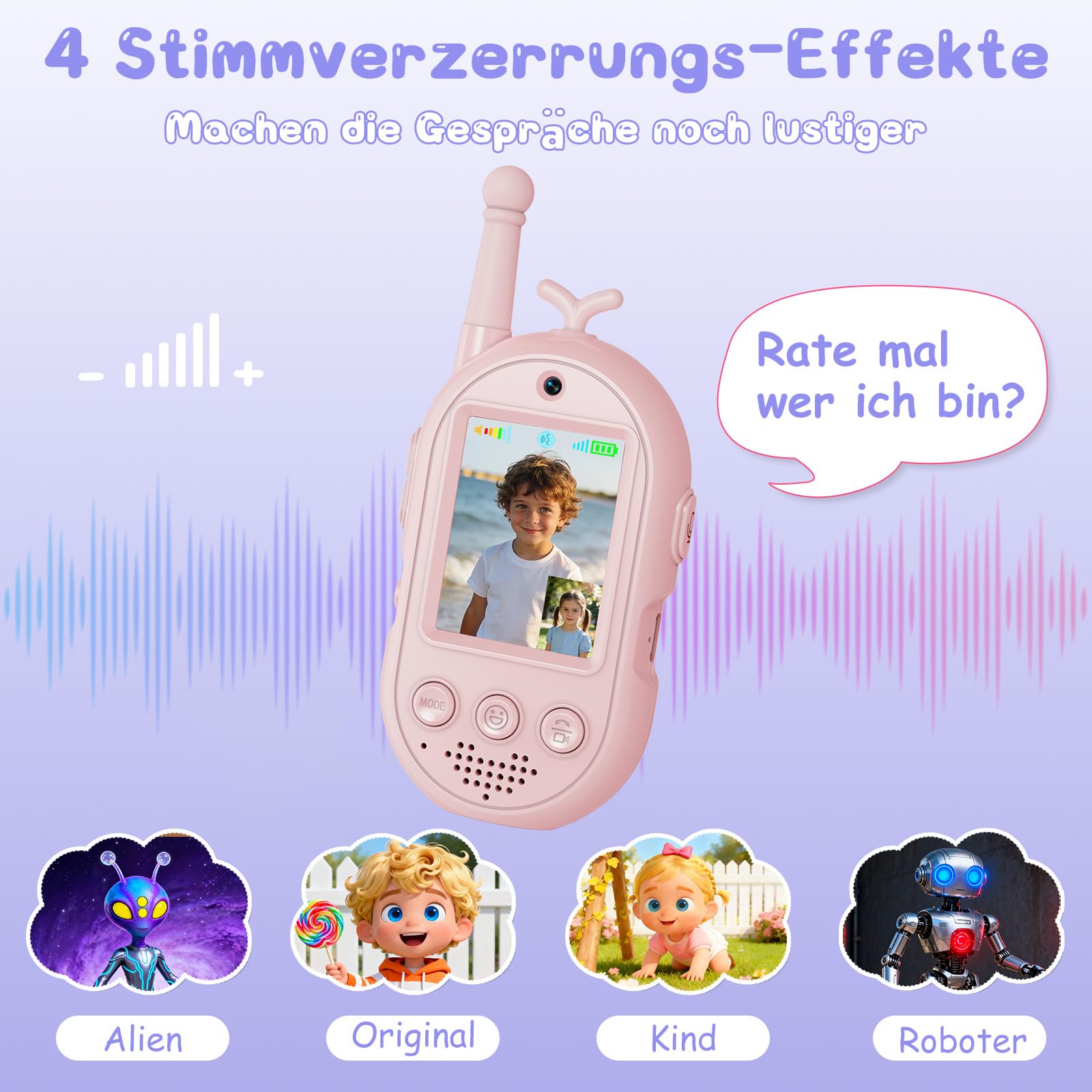 Video Walkie Talkie Bambini, 2 Walkie Talkie Ricaricabili con Display, Comunicazione Radio Bidirezionale, Lunga Portata, Regalo per Bambini e Bambine dai 3 ai 12 Anni. (Rosa + Viola)