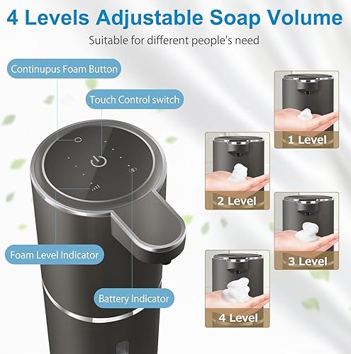 Miniatura 3 de Dispensador automático de jabón espumoso, espuma ajustable de 4 niveles, montaje en pared, recargable por USB, 12.8 onzas, dispensador de jabón para