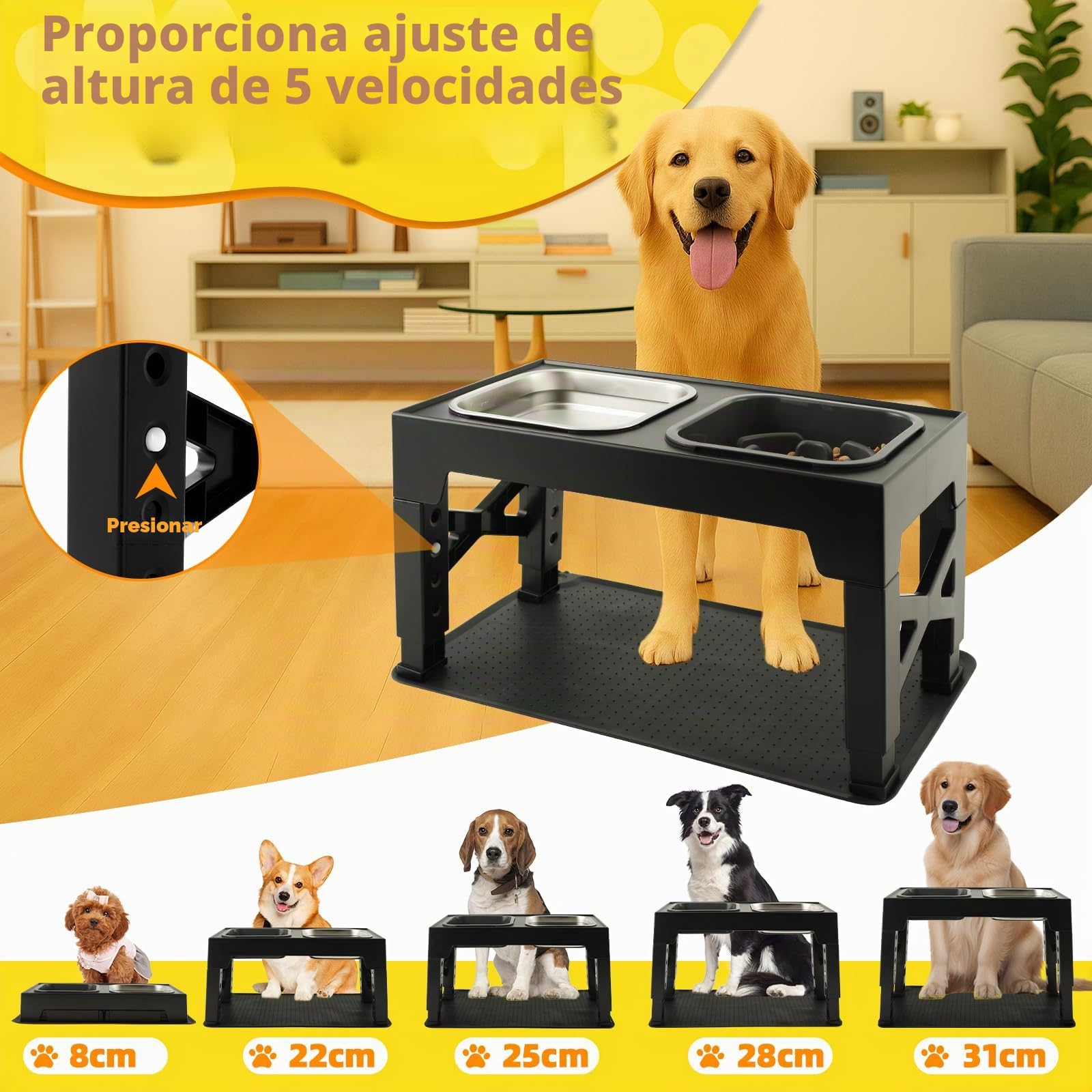 Comedero Perro Elevado y Ajustable - Acero Inoxidable 1400ml + Antiatragantamiento 1100ml + Viaje + Alfombrilla- Base Antideslizante para Perros Medianos/Grandes