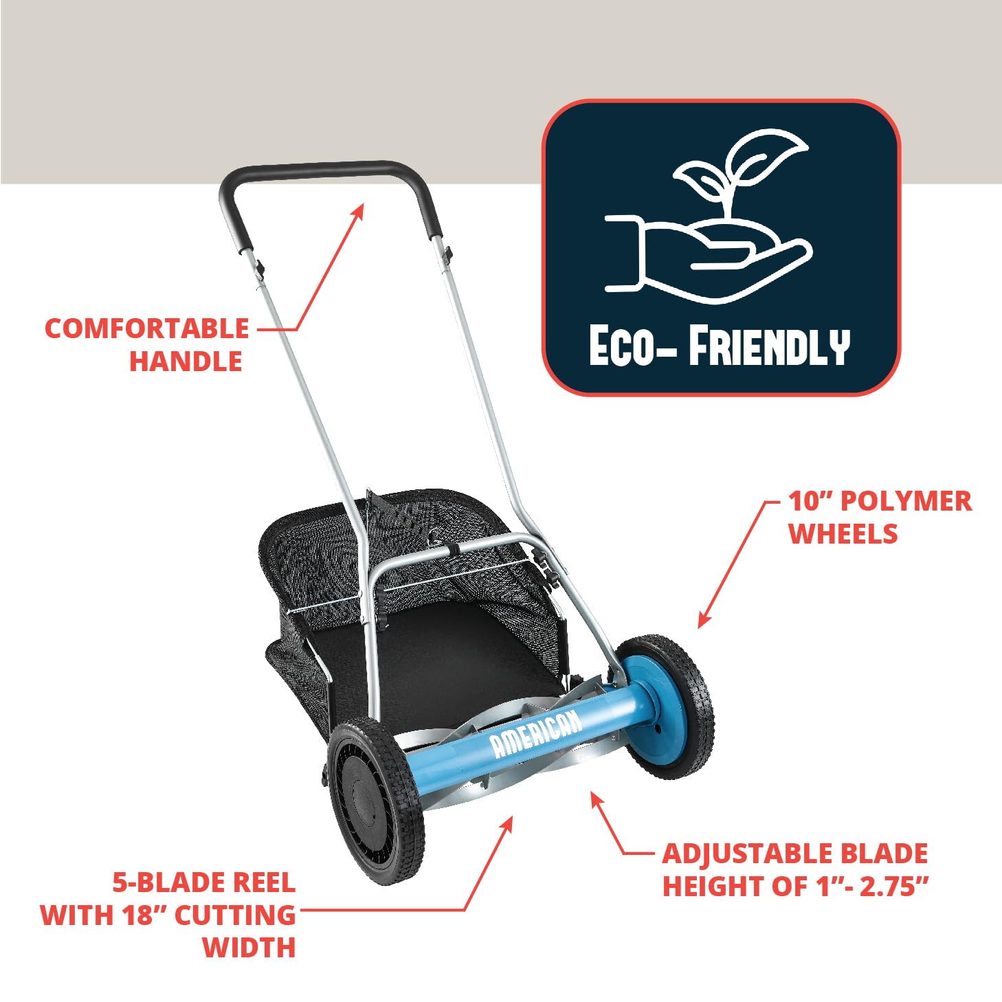 American Lawn Mower Company 1804-18 18-Inch 5-Blade Walk Behind Reel Lawn Mower with Grass Catcher - Detailed View