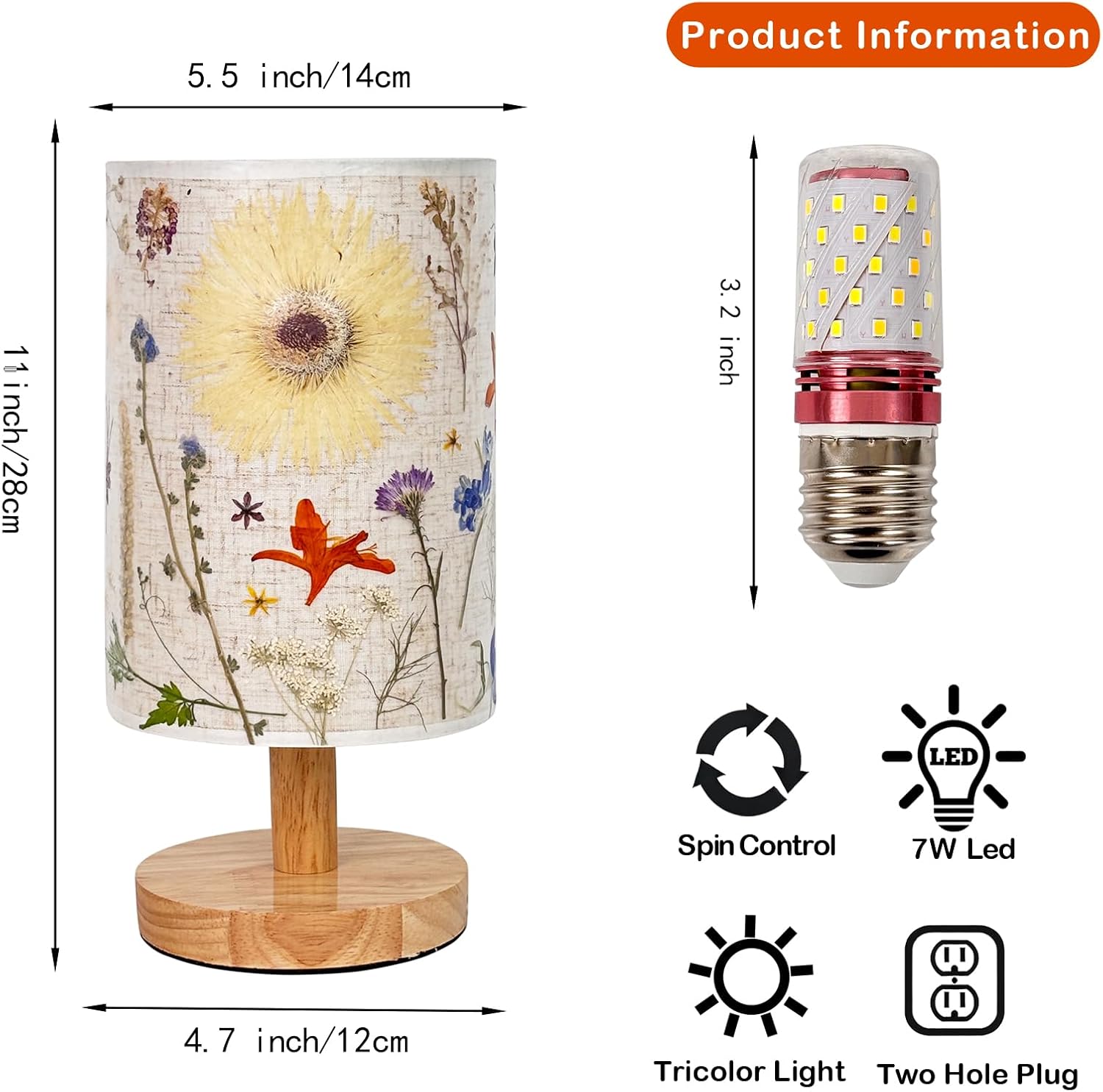 Dried Flowers Table Lamp,5w Led 3-Color Pressed Floral Beside Lamp,Cute Vintage Linen Shade Desk Lamp for Bedroom Office with Wood Base