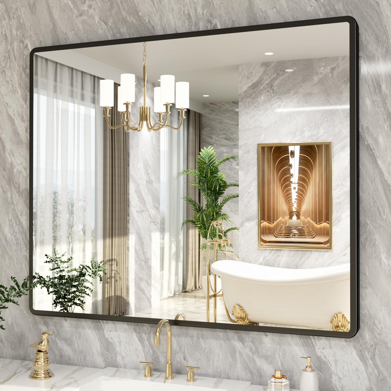 pertetey 48 x 40 in Rounded Rectangle Bathroom Mirror, Black Metal Frame | Black Metal Frame, Rounded Rectangle Design, Tempered Glass, Wall Mounted