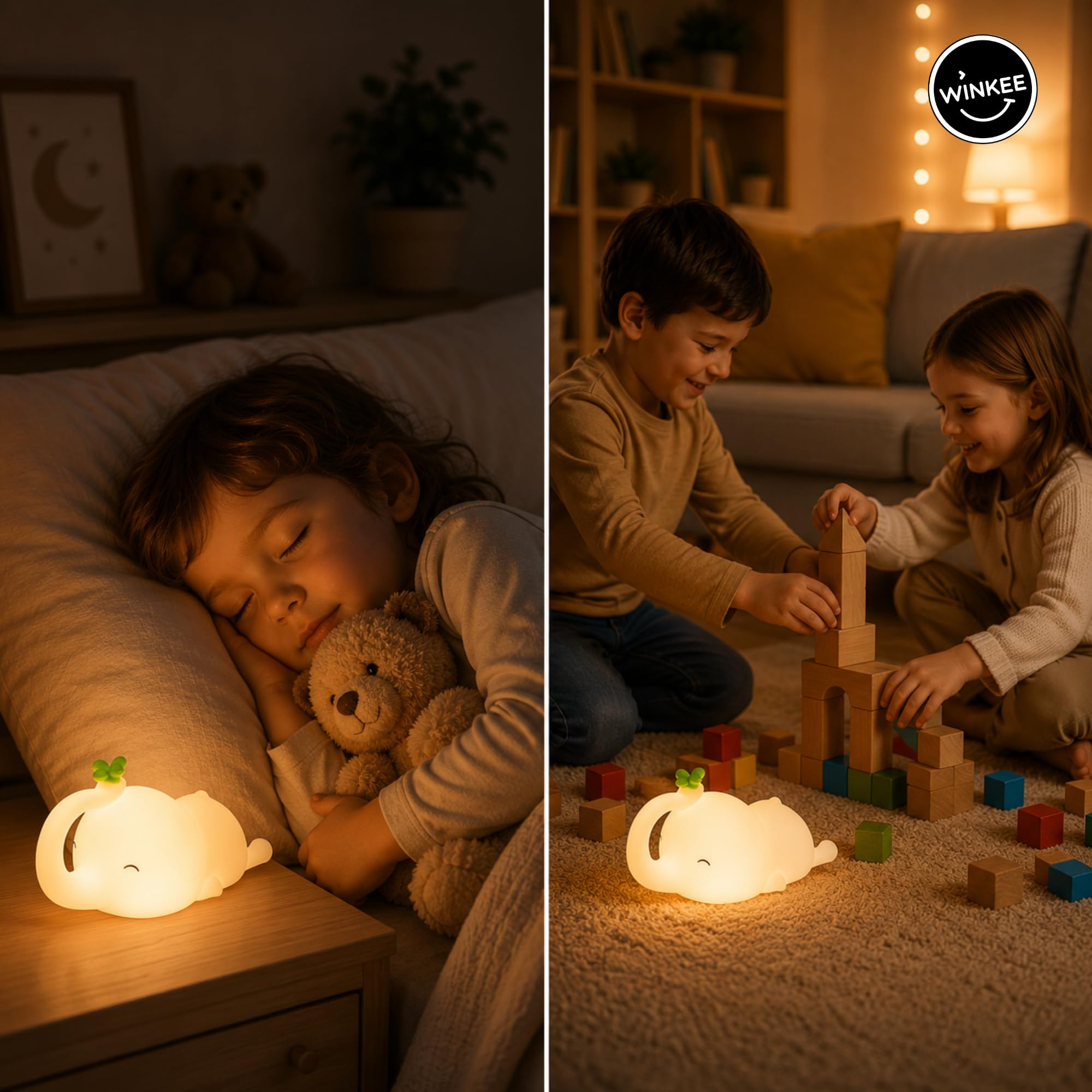 Winkee - Lampka nocna słoń Nellie I lampka nocna dla niemowląt I światło do karmienia ściemniane dotykowe I lampka nocna ładowanie przez USB