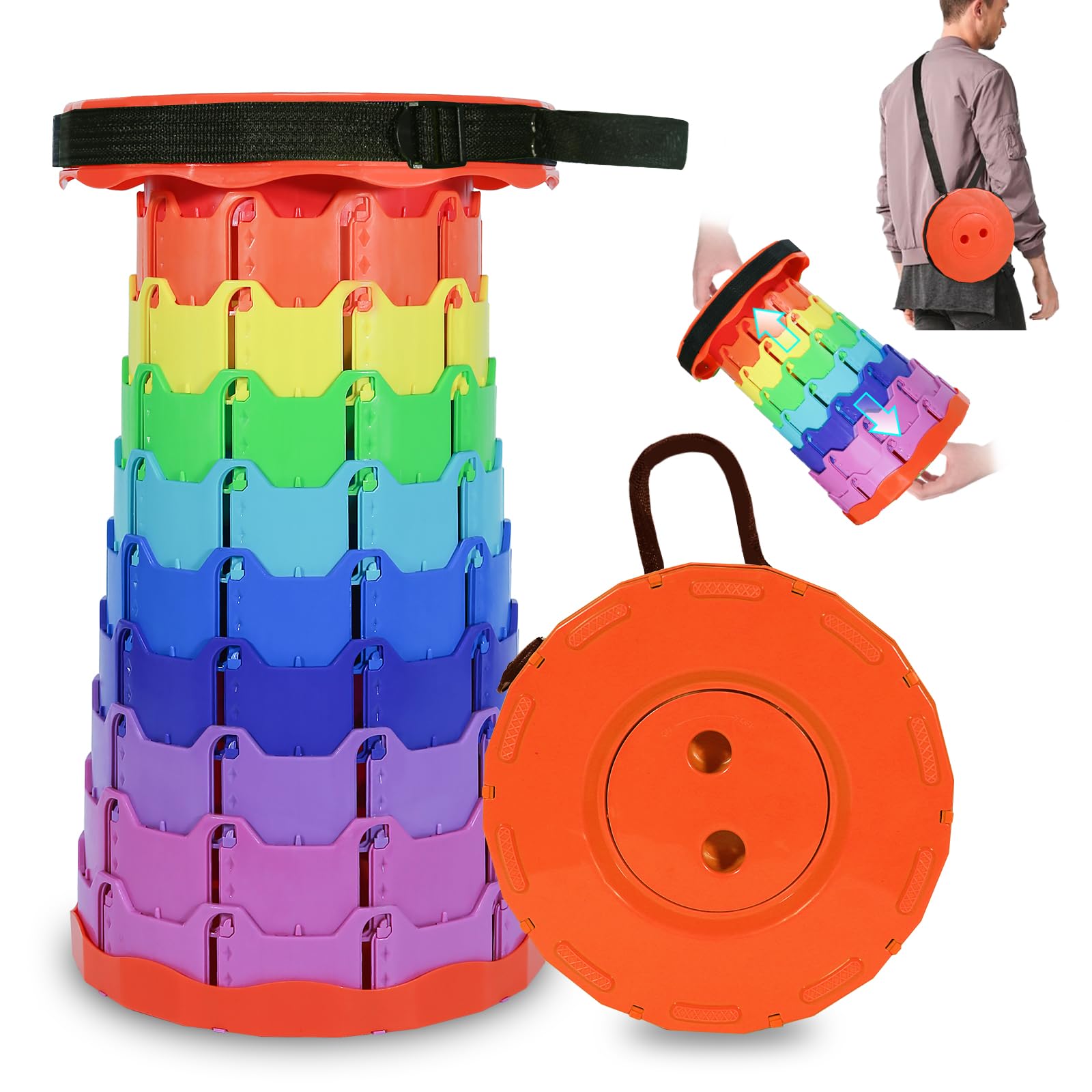 Upgrade Collapsible Stool, Thickened Foldable Stool, Portable Folding Seat, Adjustable Height Retractable Stools for Fishing, Hiking, Camping, BBQ, Parties, Outdoor Activities, Rainbow Orange-image-47