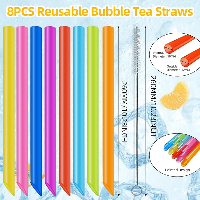 GOTRUST 8 db színes buborék tea ivószál 26 cm x 10 mm műanyag vastag hosszú szívószál újrahasznosítható 2 tisztító kefével