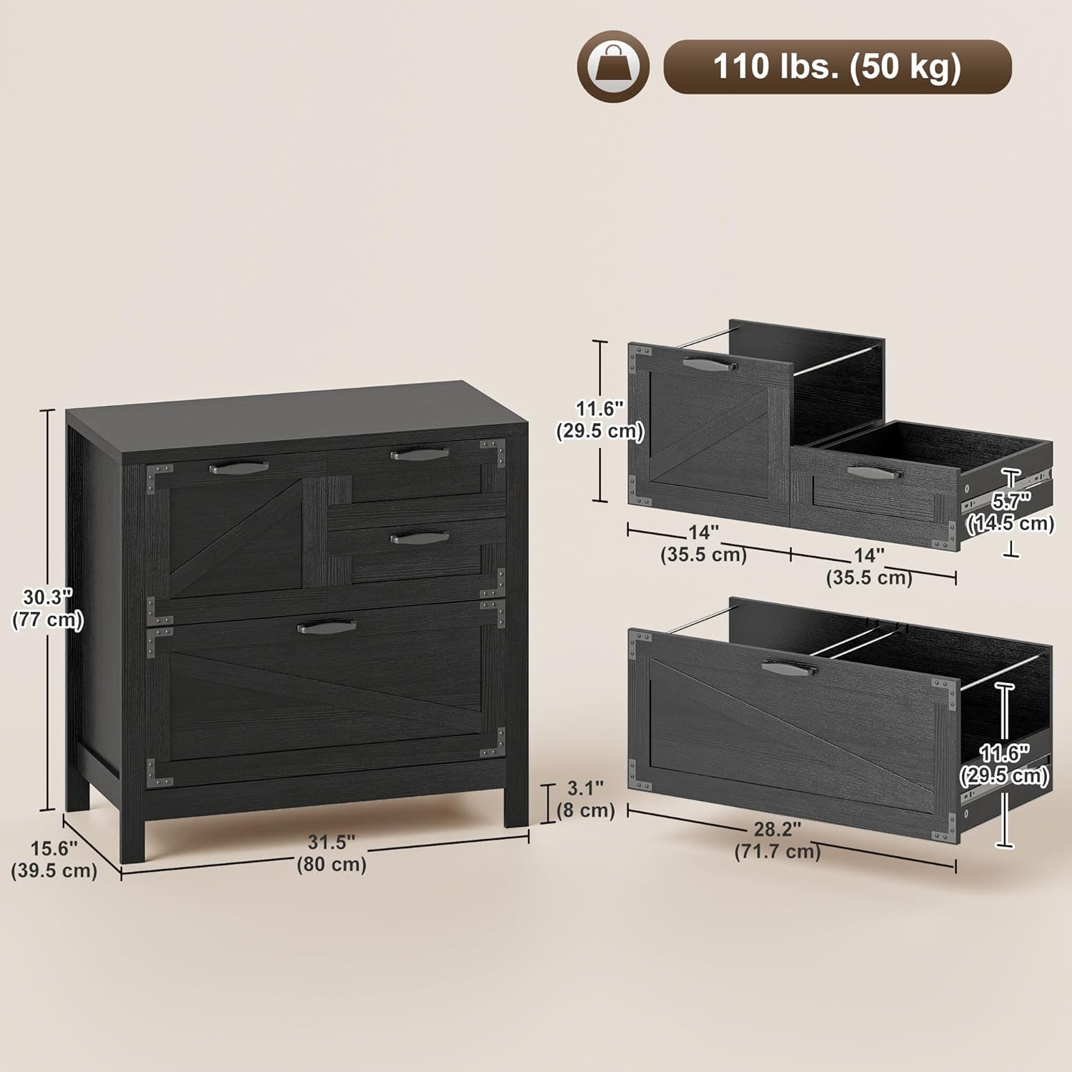HOMCOM 4 Drawer File Cabinet, Farmhouse Lateral Filing Cabinet with Adjustable Hanging Rails for Letter/A4/Legal Size Files, Printer Stand for Home Office, Black