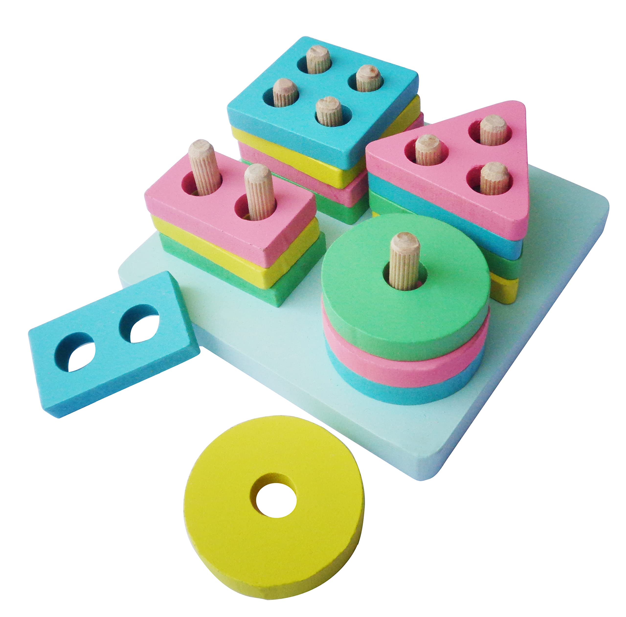 VOOLEX - Wooden Square Shape Blocks Sorting and Stacking, Montessori Colour Recognition Toys for Kids - 4 Columns with 16 Pieces with a Square Shape Wooden Base