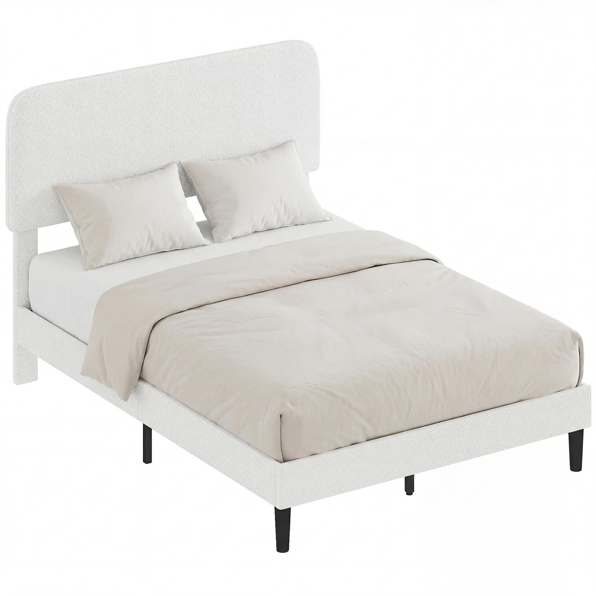 HOMCOM Cama Doble Tapizada en Borreguito, 135x190 cm, Cama Matrimonio con Cabecero Ajustable en Altura, Listones de Madera, Blanco