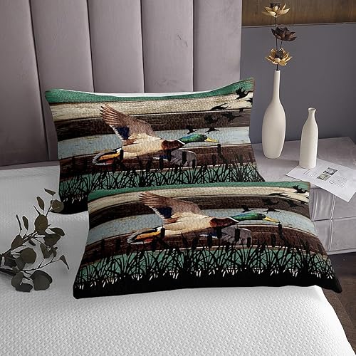 Miniatura 3 de Juego de ropa de cama de pato de campo, tamaño Queen, diseño de animales salvajes, colcha rústica con rayas de madera para niños, adultos, hombres,