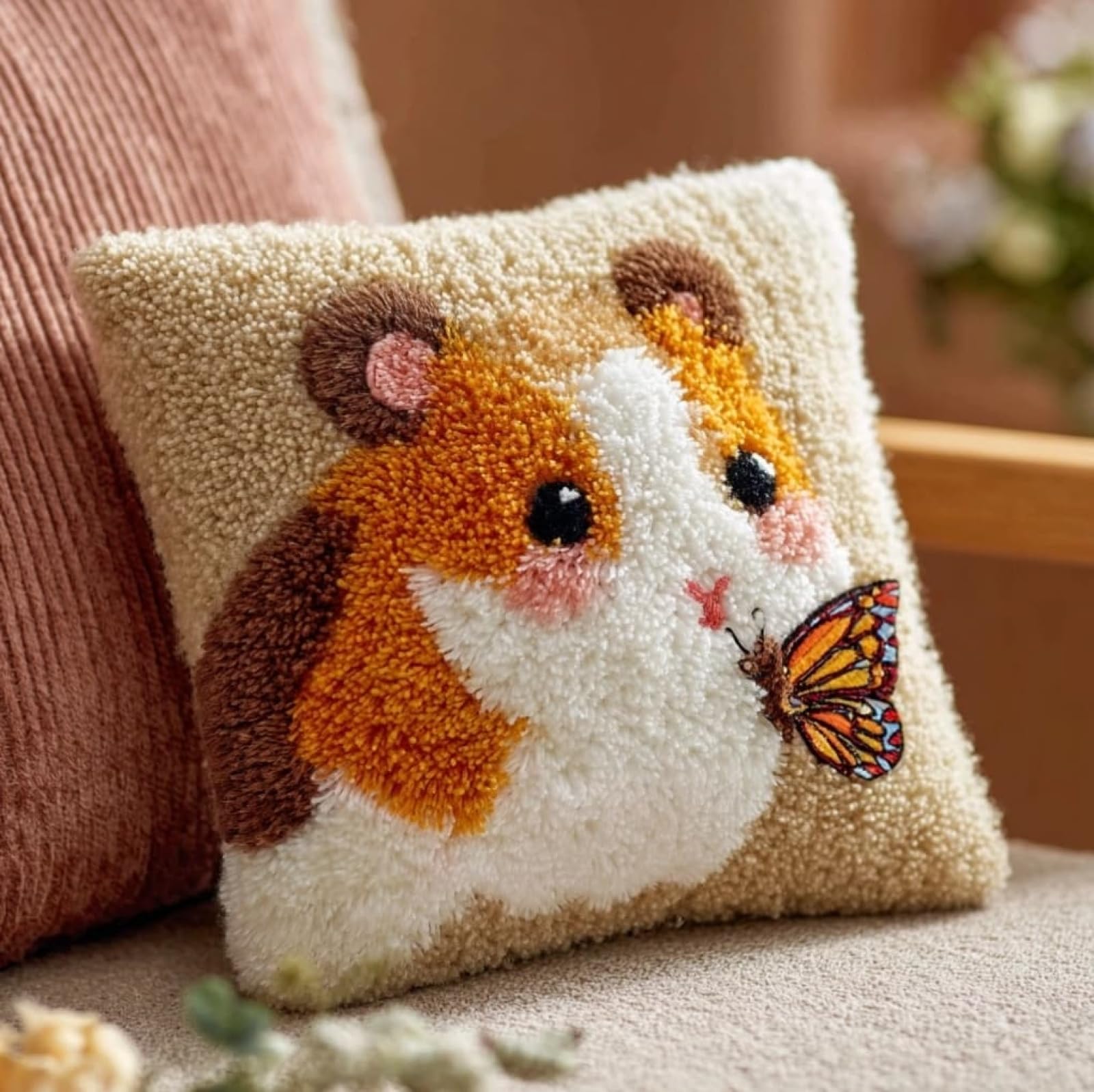 WallustrioaW Latch Hook Cushion Kit 43x43cm,Hamsters and Butterflies