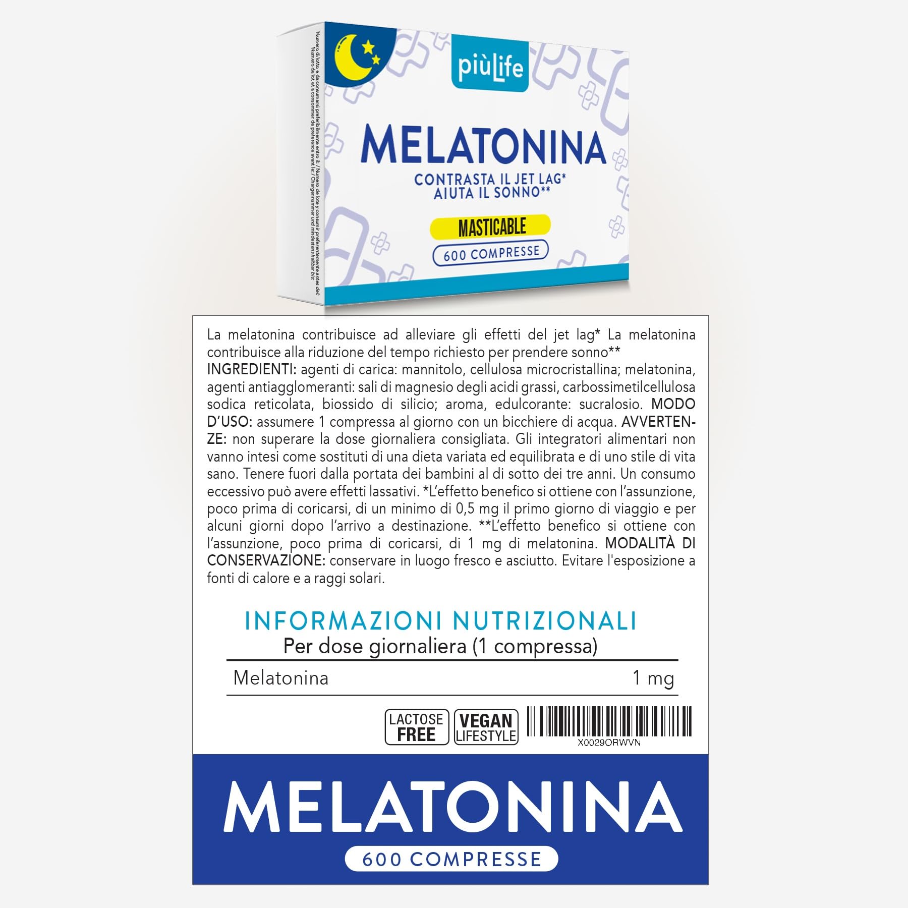 Melatonina Per Dormire Meglio – 1 mg per compressa – Caramelle melatonina forte e pura, senza zucchero – Allevia Jet Lag, Pastiglie per dormire come un Sonnifero Naturale Sonno zZZ – PiùLife