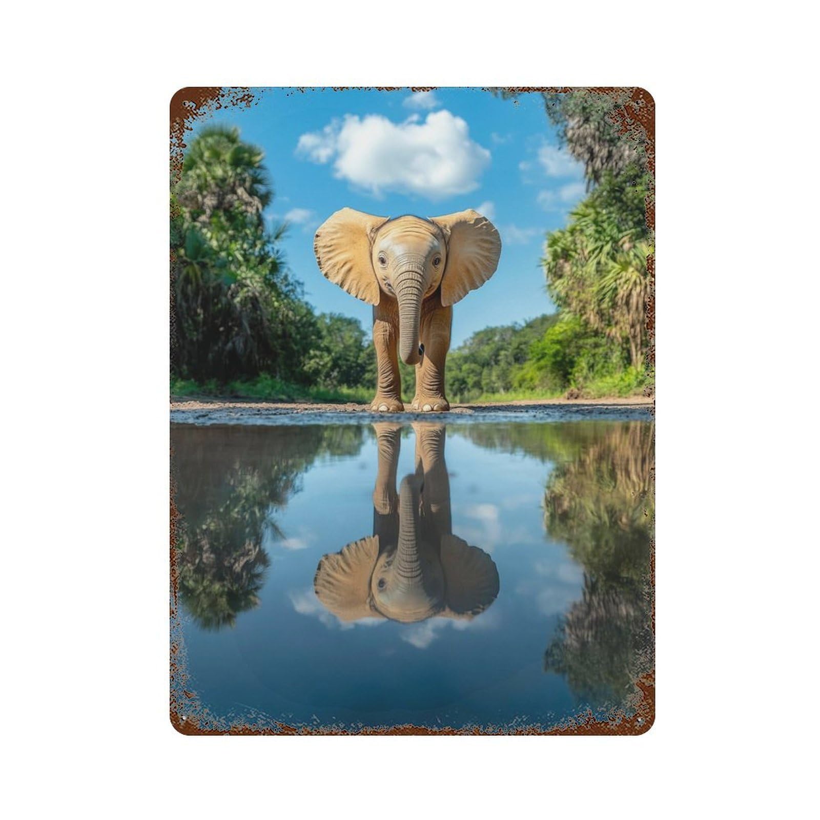 Baby Elephant Reflection 15.7"x11.8" Decorative Tin Sign, Retro Wall Decor for Garage, Bar And Workshop Decor
