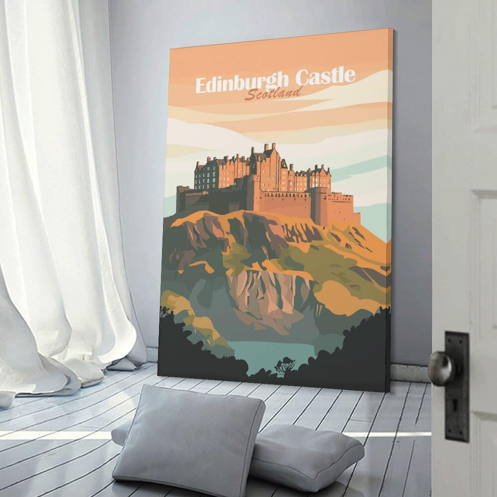 Junmoney Frame-Style-7 Edinburgh Castle Illustration Canvas Wall Picture, 08X12inch(20X30cm), For Flats, Guest Rooms Or Compact Rooms, An Easy Choice For New Home Styling