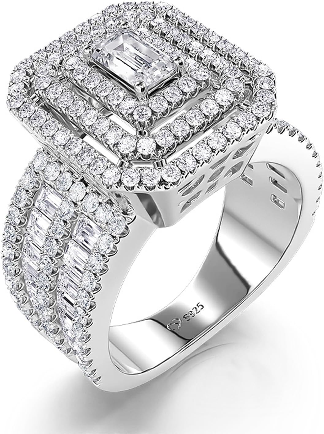 Jeulia Vintage Radiant Cut Engagement Ring for Women;925 Sterling Silver Multi Level Halo Diamond Wedding Ring Band CZ Anniversary Promise Rings for Her with Jewelry Gift Box