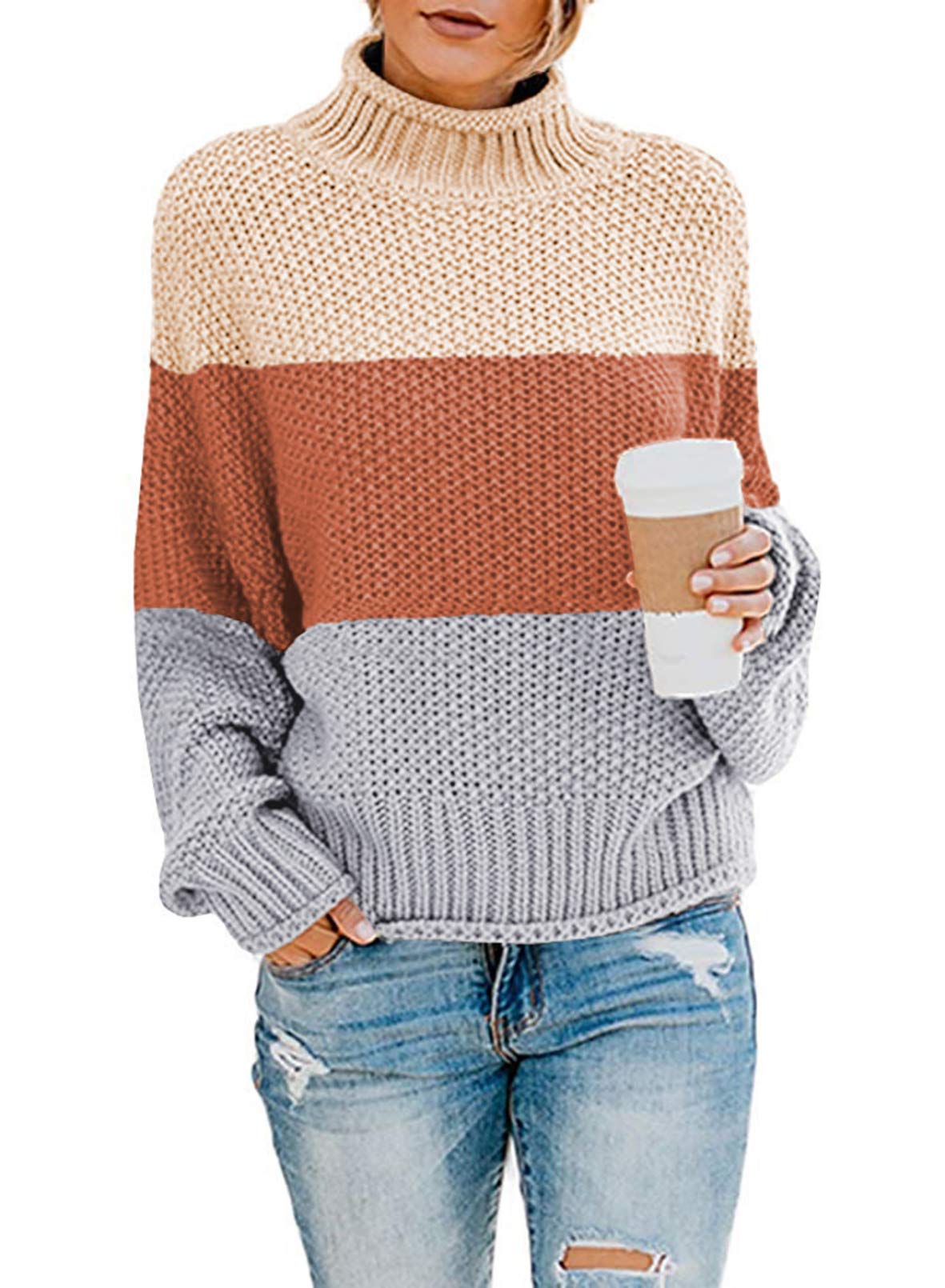 BLENCOTWomen Cable Knit Turtleneck Sweater Casual Thick Long Sleeve Tops Pullover