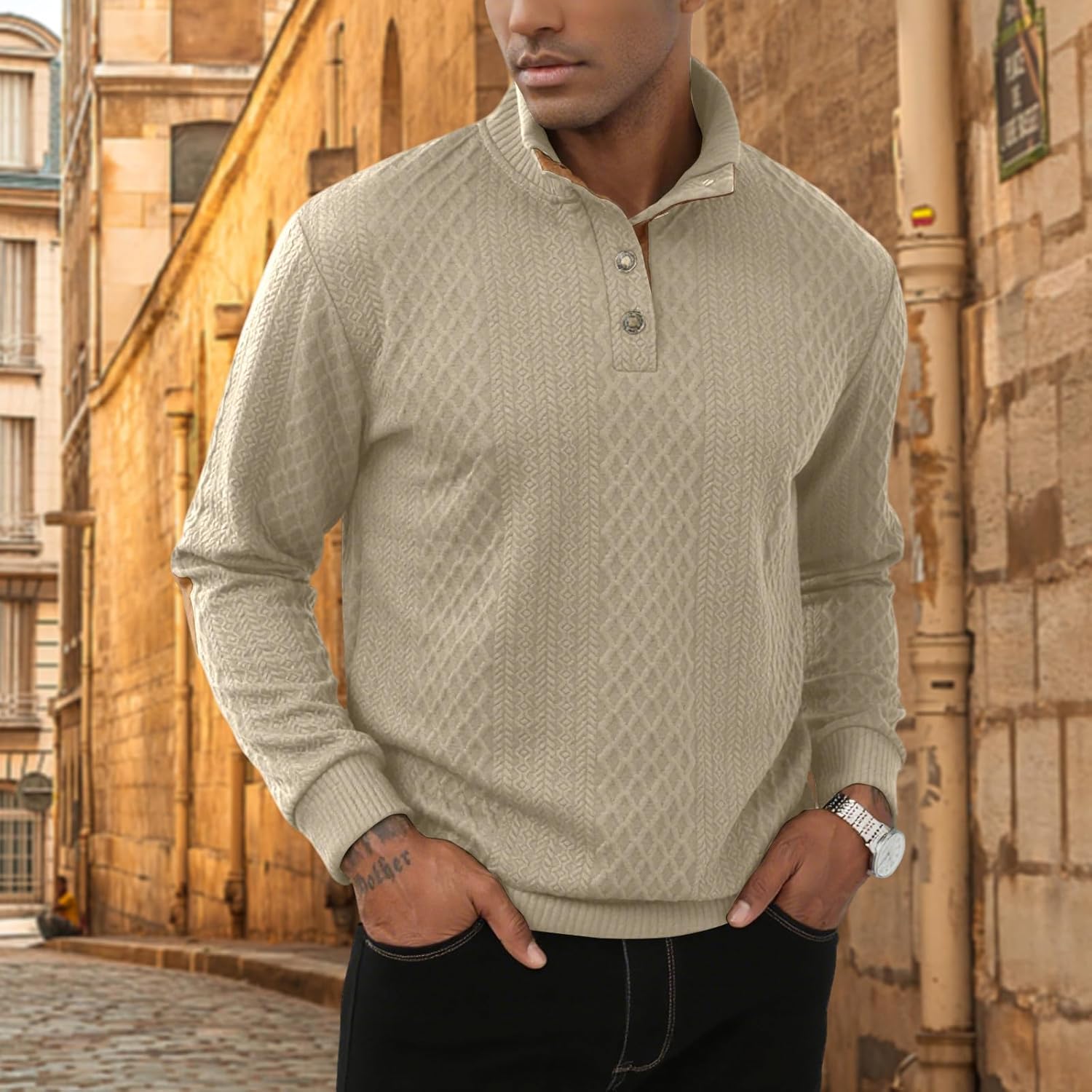 Lexiart Mens Casual Knitted Pullover Sweater Long Sleeve Stand Collar Vintage Button Sweaters with Elbow Patches - Image 2