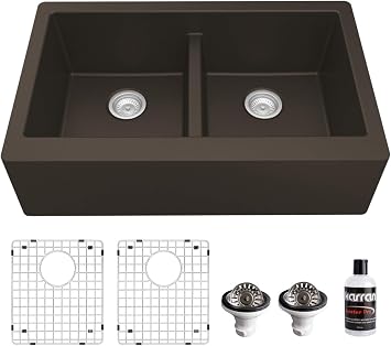 Karran 34" Quartz Farmhouse Sink, 50/50 Low Divide Apron Front Kit | Brown quartz farmhouse sink with low divide double bowls, apron front, grids, strainers and Luster Pro