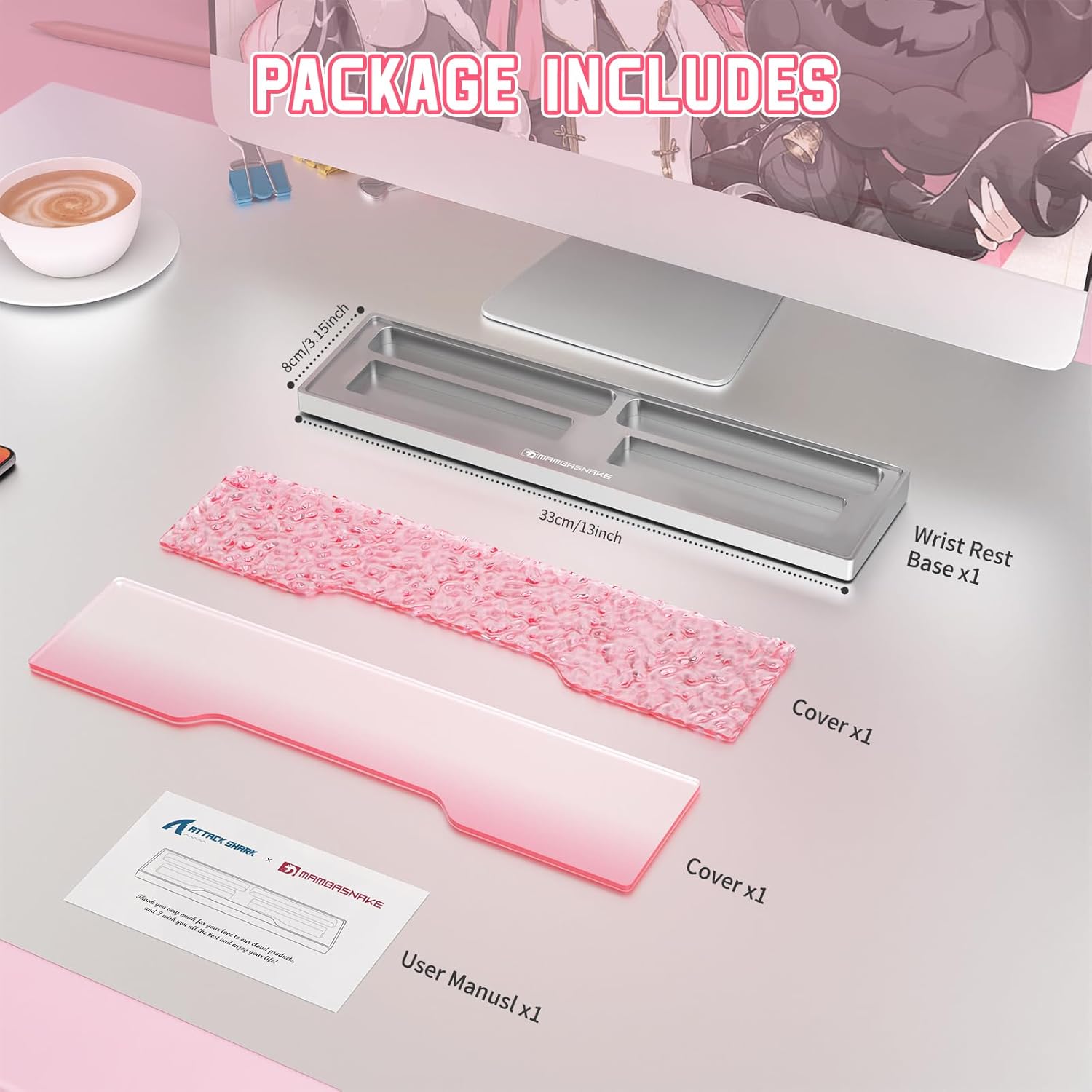 SELORSS x MANBASNAKE 68-key CNC Aluminum Alloy Keyboard Wrist Rest with Partition Storage Case, 2 Acrylic Top Covers, Ergonomic Non-Slip Support for TKL Mechanical Keyboard, Ideal for Office/Home-Pink