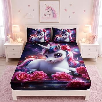 Girls Unicorn Full Size Bedding Set,Red Rose Flowers Fitted Sheet Set for Kids Teens Room Decor,Romantic Starry Sky Galaxy Cute Bedding Sets,1 Fitted Sheet+2 Pillowcases.