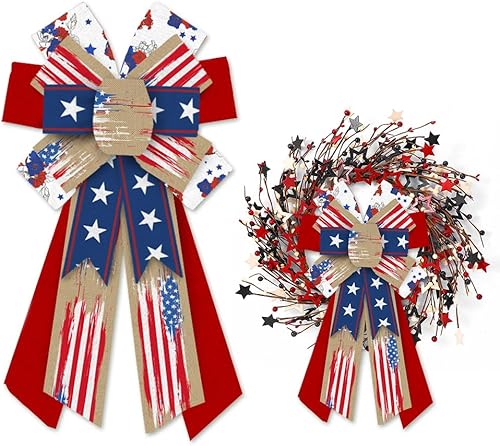 Miniatura 5 de Heureppy Arcos de corona patrióticos grandes para el 4 de julio, lazos de decoración para corona, bandera estadounidense, estrellas azules, lazos de