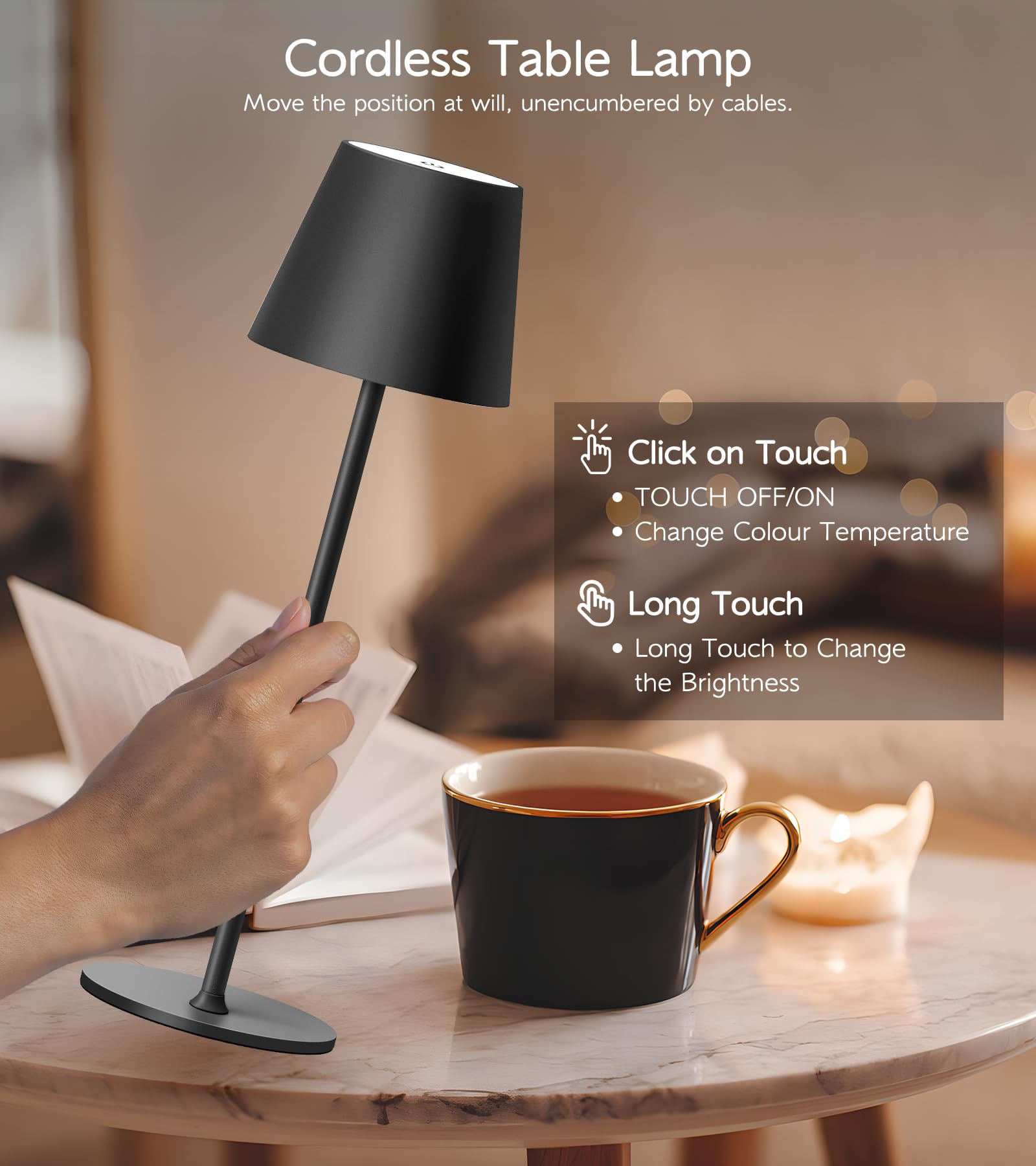 CCHKFEI Rechargeable Cordless Table Lamp - Dimmable Touch Bedside Lamp With USB Charging