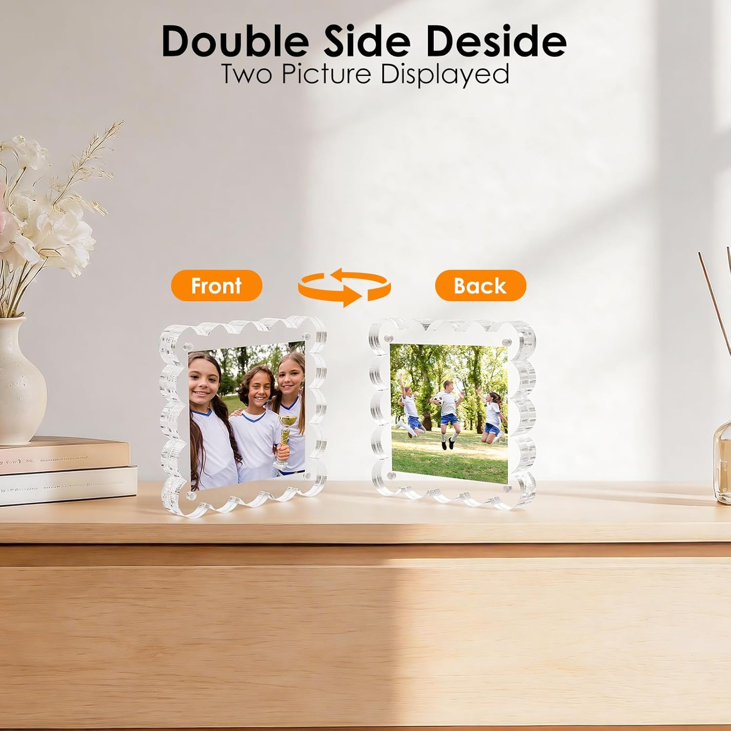 3 Pack Acrylic 4x4inch Magnetic Picture Frame,Double Sided,10+10mm Thick Block,Picture Frames Acrylic Photo Scalloped Frames Freestanding Gifts for Desk,Fridge, Locker,Office Cabinet(Clear,4x4)