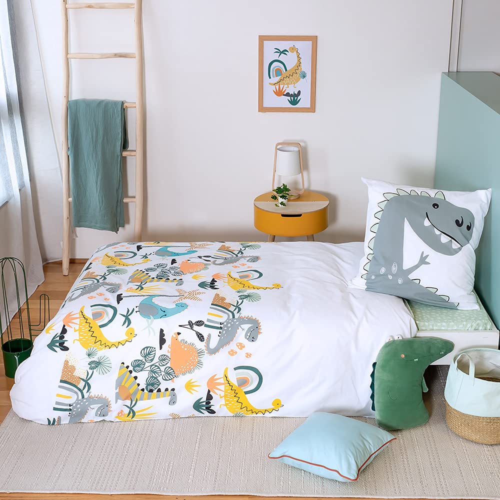 CÔTE DECO Parure da letto per bambini reversibile Dinosauri Jurassik verde, copripiumino 140 x 200 cm + 1 federa 63 x 63 cm, 100% cotone