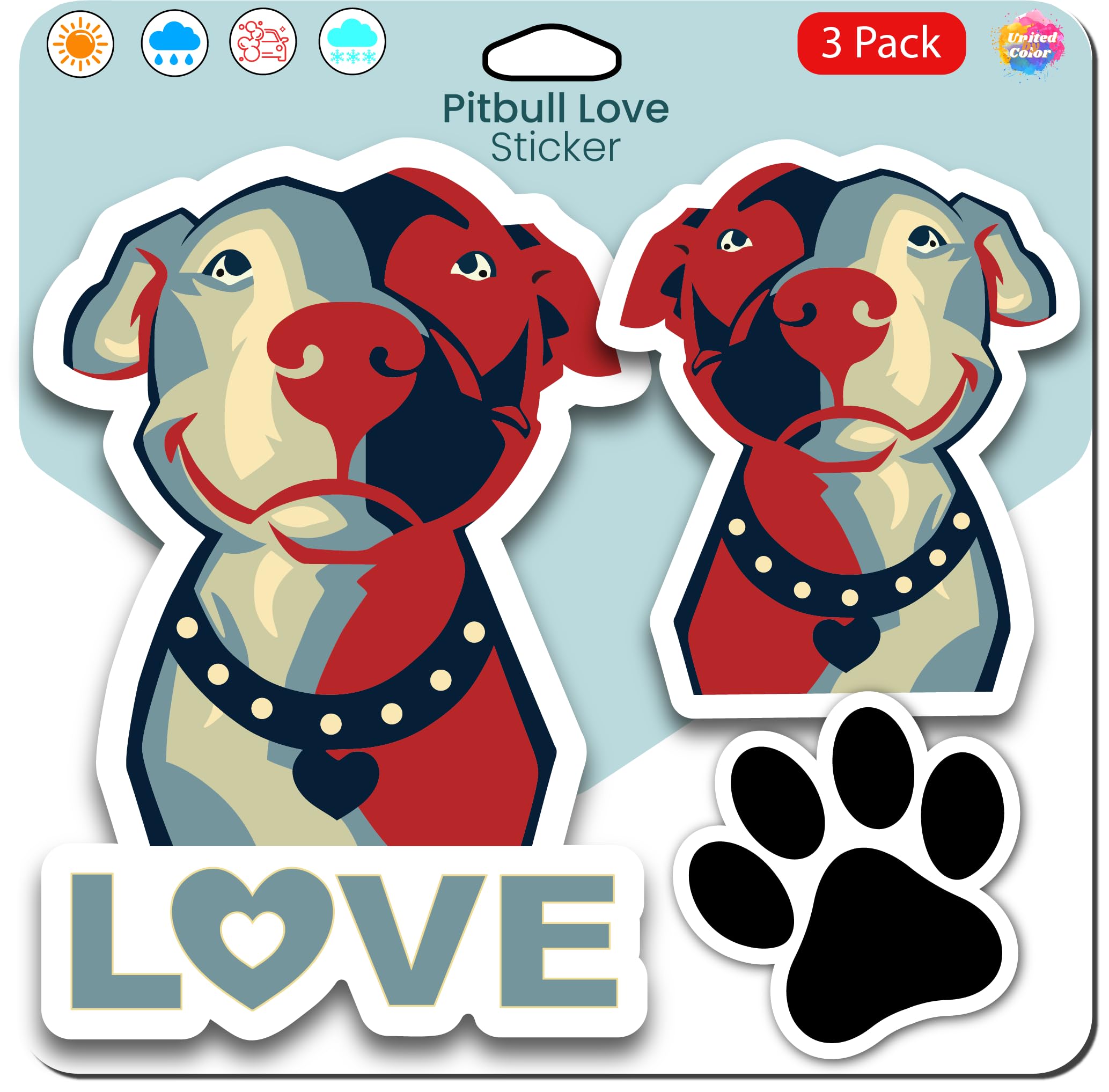 United by Color Love Pitbull Stickers (3pk) – Durable Waterproof Pitbull Accessories - No Fade Dog Car Stickers Also for Water Bottles, Laptop,