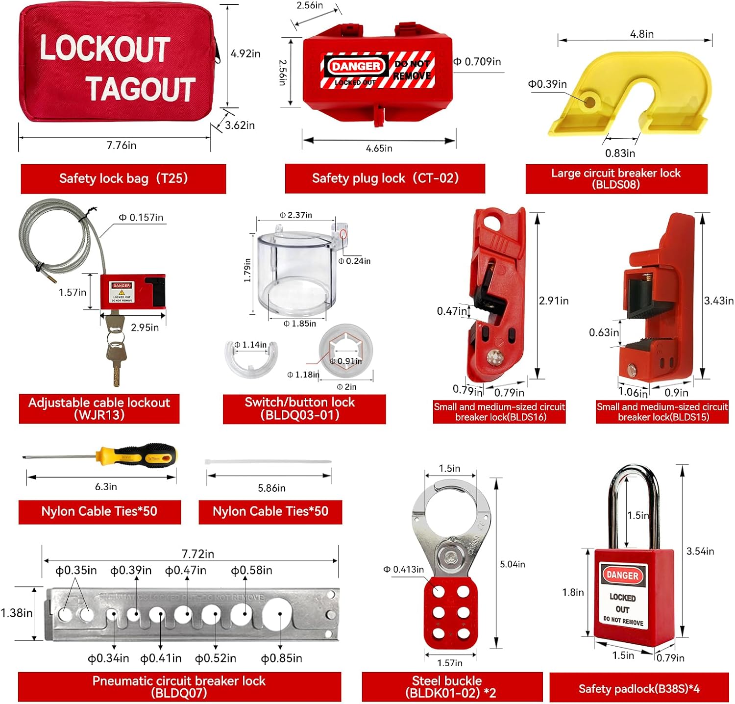 Lockout Tagout Lock Electrical Box - Hasps, Clamp-on and Universal Multipole Circuit Breaker Lockouts，4 Set Safety Padlocks, Tags, Nylon Ties with Pocket Bag, Keyed Different