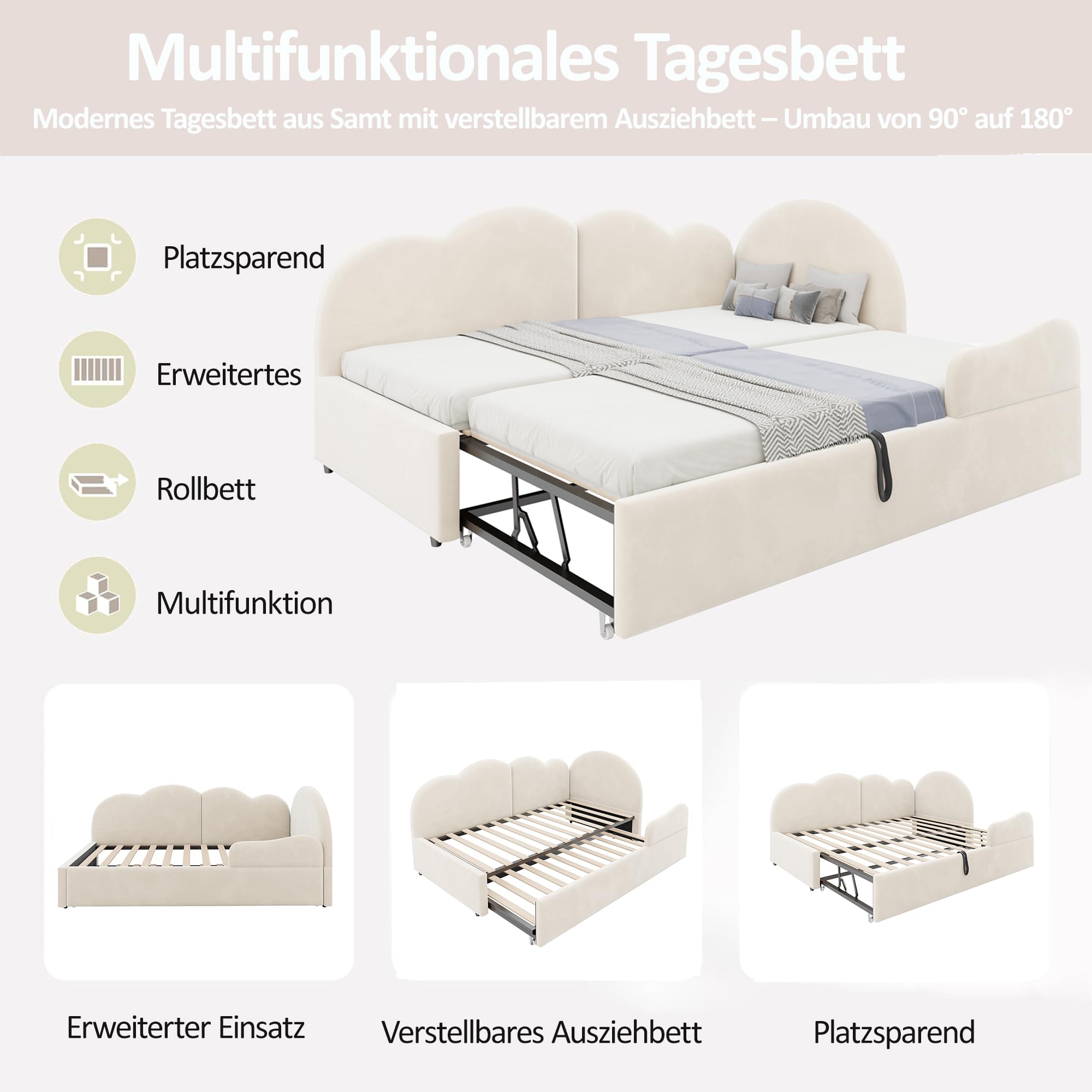 Łóżko tapicerowane (90 x 200 + 90 x 190 cm) w kształcie litery L z wysuwanym łóżkiem i zagłówkiem chmury, sofa do spania i łóżko dzienne z oparciem, do sypialni i pokoju gościnnego, aksamitne, beżowe
