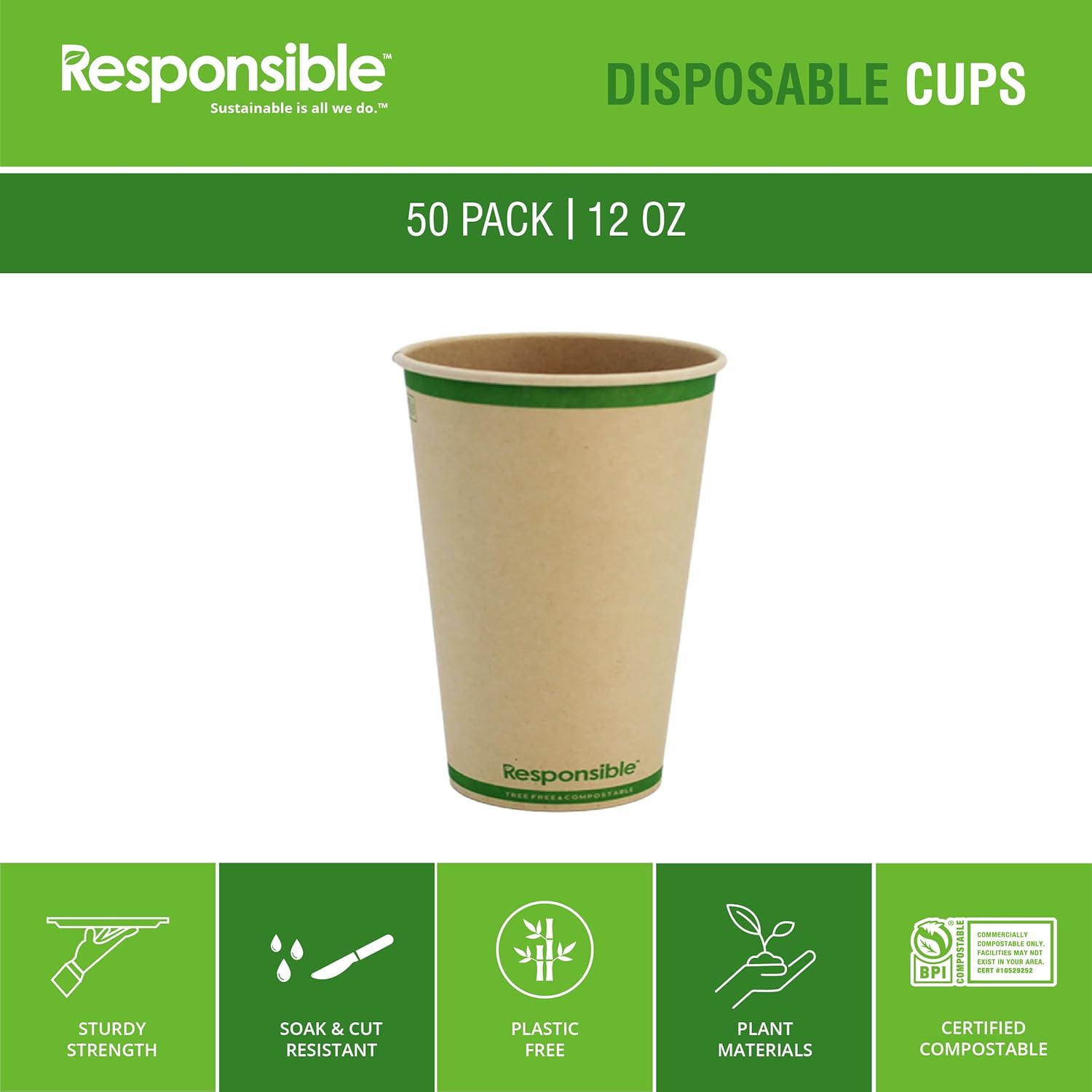 Responsible Products Certified Compostable 12 oz Paper Cups, Cold & Hot Coffee Cups, Disposable Paper Cups, Extra Strength Disposable Cups, Made without PFAS (50 count) - Image 4